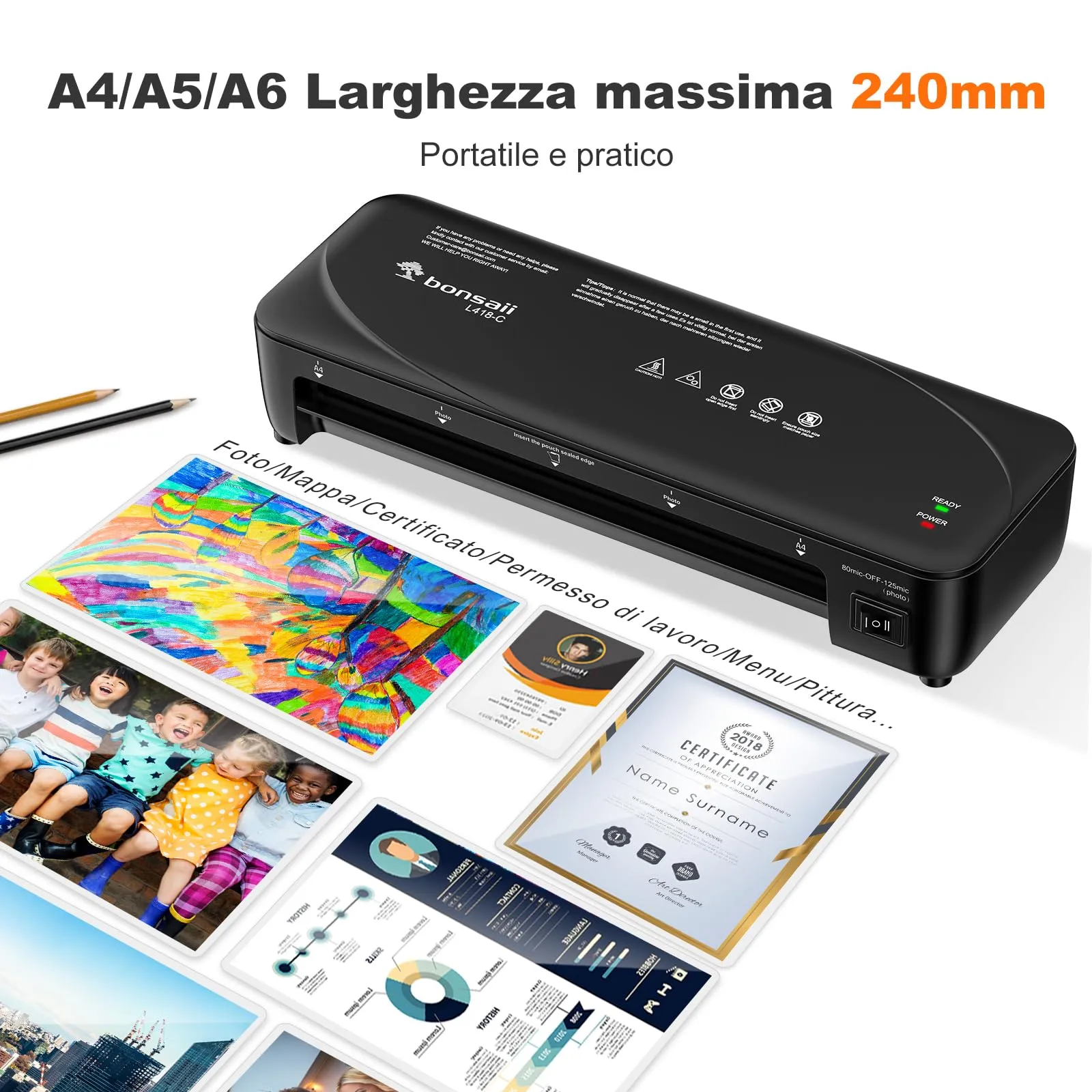 Bonsaii Plastificatrice A4, 2 rulli, 80-125 micron, Nero - immagine 4