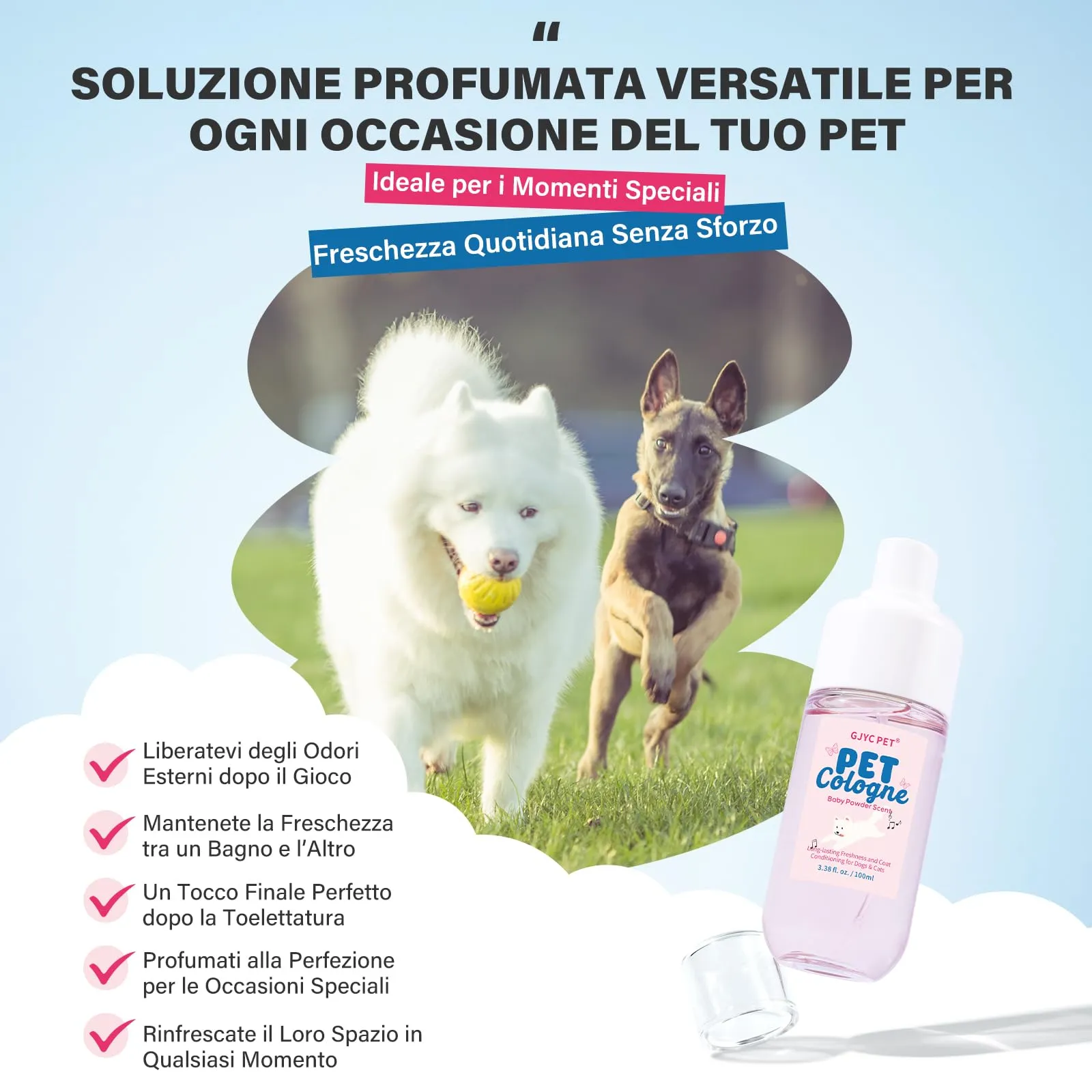 GJYC PET Profumo per Cani e Gatti, Deodorante Pelliccia Aroma Talco Neonato, Spray Neutralizzatore Odori, 100ml - immagine 3