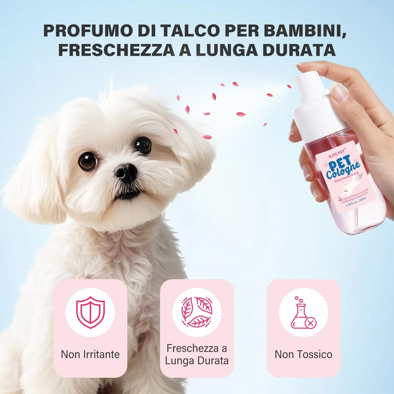 GJYC PET Profumo per Cani e Gatti, Deodorante Pelliccia Aroma Talco Neonato, Spray Neutralizzatore Odori, 100ml - immagine 5