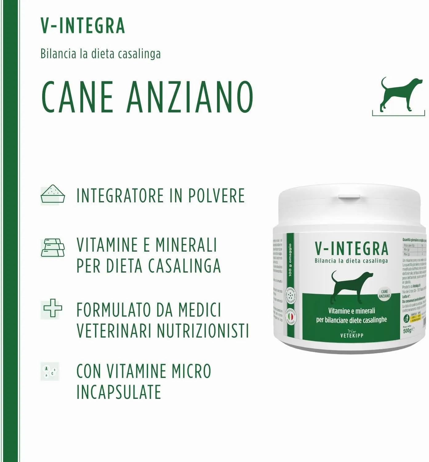 V-INTEGRA Cane Anziano Integratore Multivitaminico e Minerale per Dieta Casalinga e BARF, 500g - immagine 2