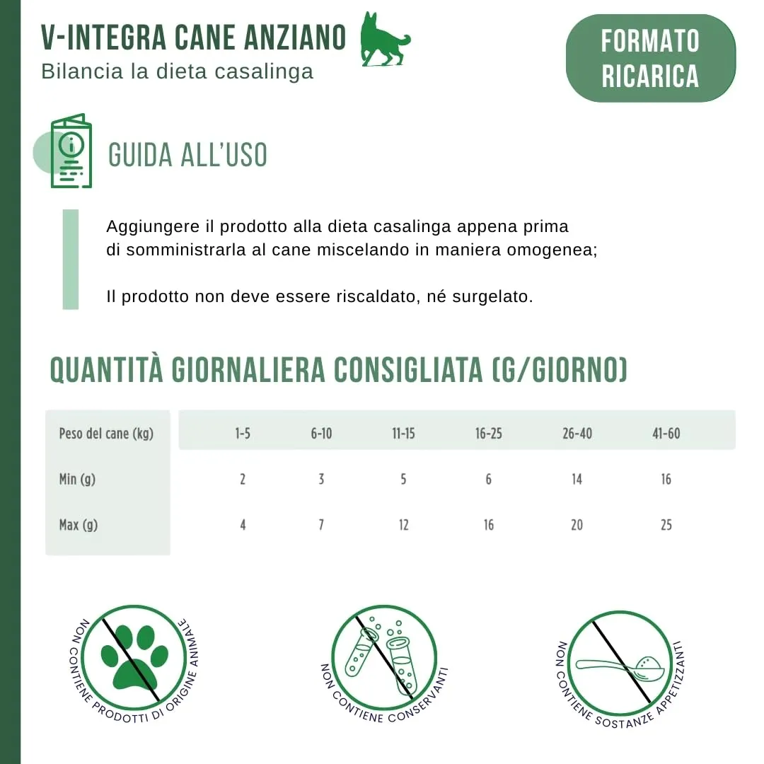 V-INTEGRA Cane Anziano, Integratore Multivitaminico per Dieta Casalinga e BARF, 1kg Eco Ricarica - immagine 6