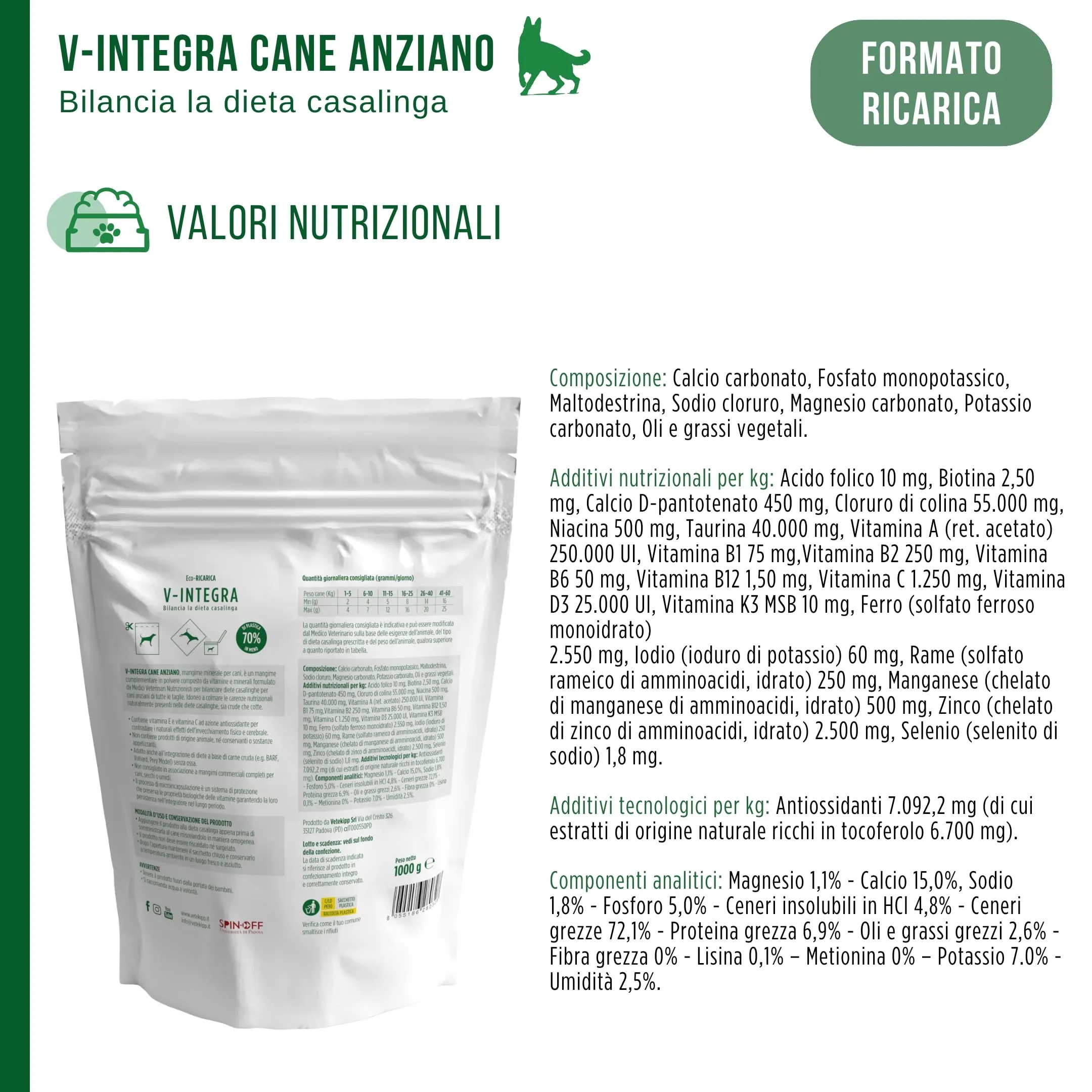 V-INTEGRA Cane Anziano, Integratore Multivitaminico per Dieta Casalinga e BARF, 1kg Eco Ricarica - immagine 8