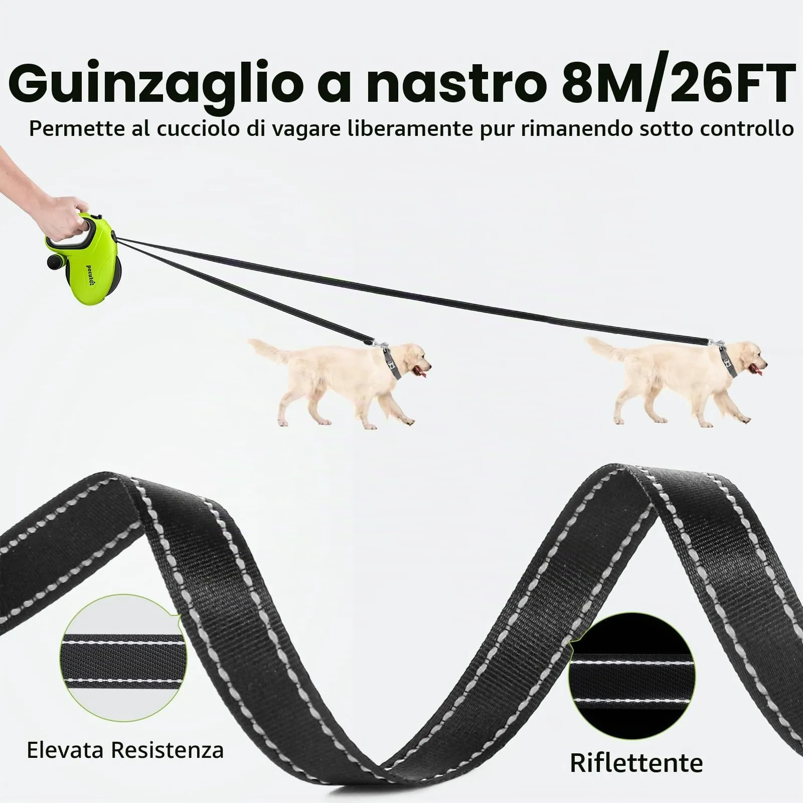 Pecute Guinzaglio Retrattile per Cani 8M, Nylon Riflettente, per Cani di Taglia Media e Grande fino a 50 kg - immagine 2