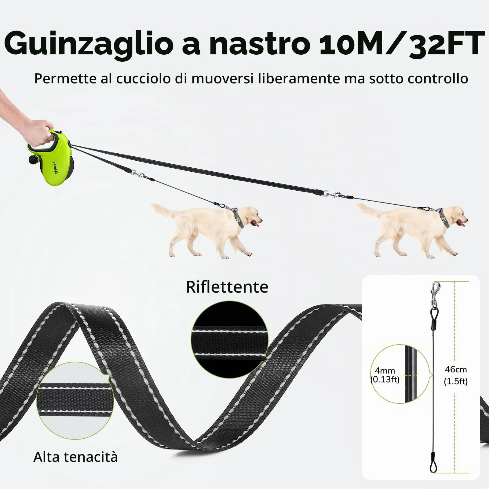 Pecute Guinzaglio Retrattile per Cani 10M fino a 50 Kg, Antigroviglio a 360°, Resistente alla Masticazione - immagine 3