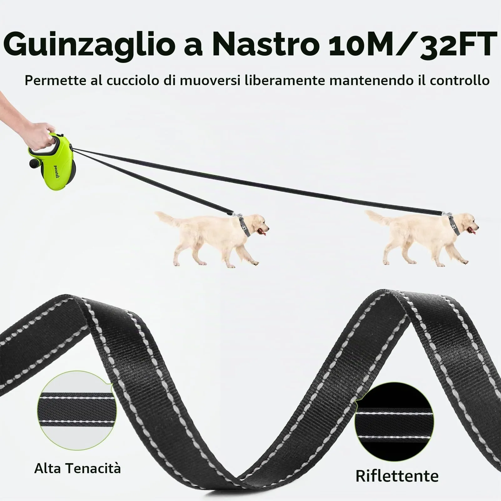 Pecute Guinzaglio Retrattile per Cani 10M (Fino a 50 Kg), Verde - immagine 3