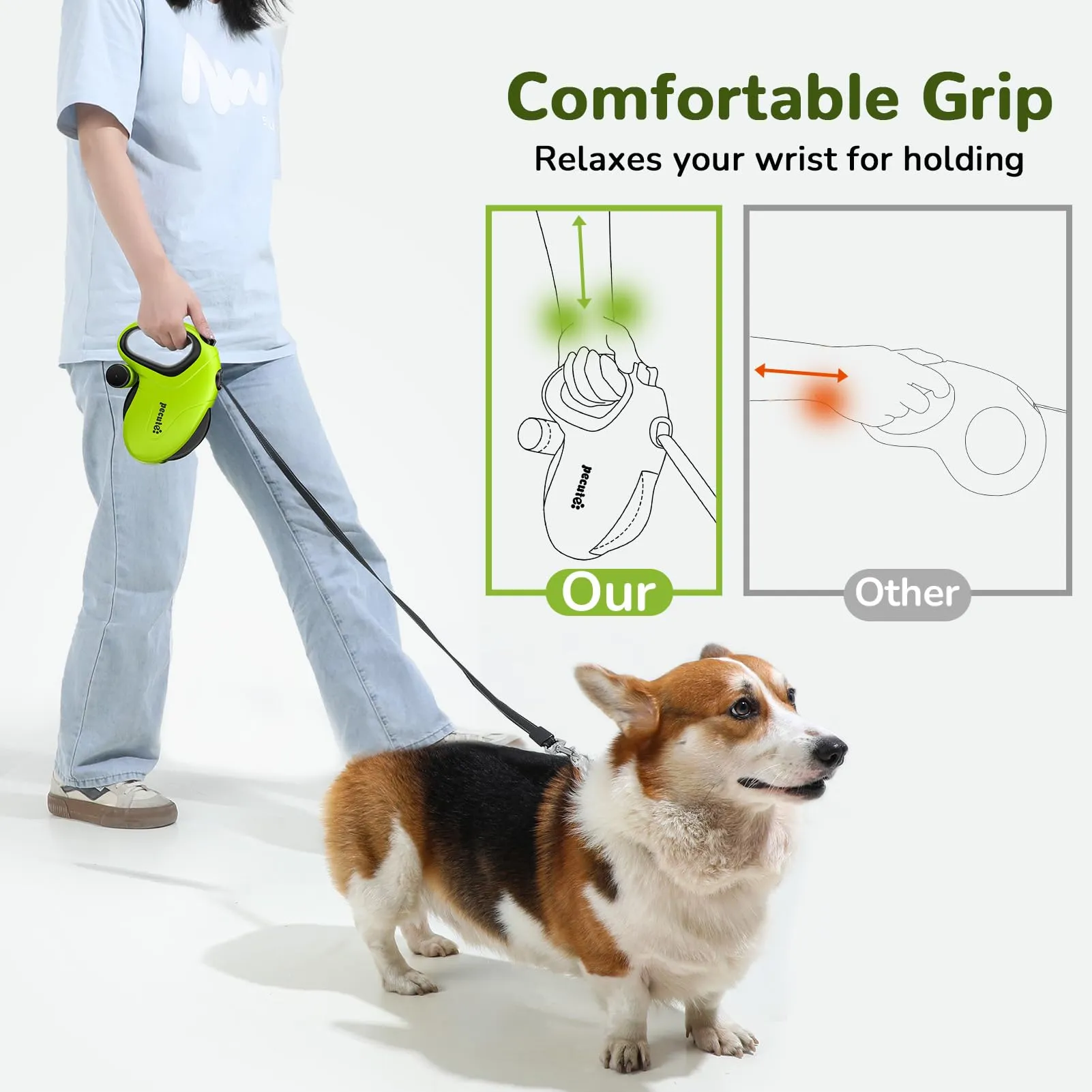 Pecute Guinzaglio Retrattile per Cani 10M (Fino a 50 Kg), Verde - immagine 4