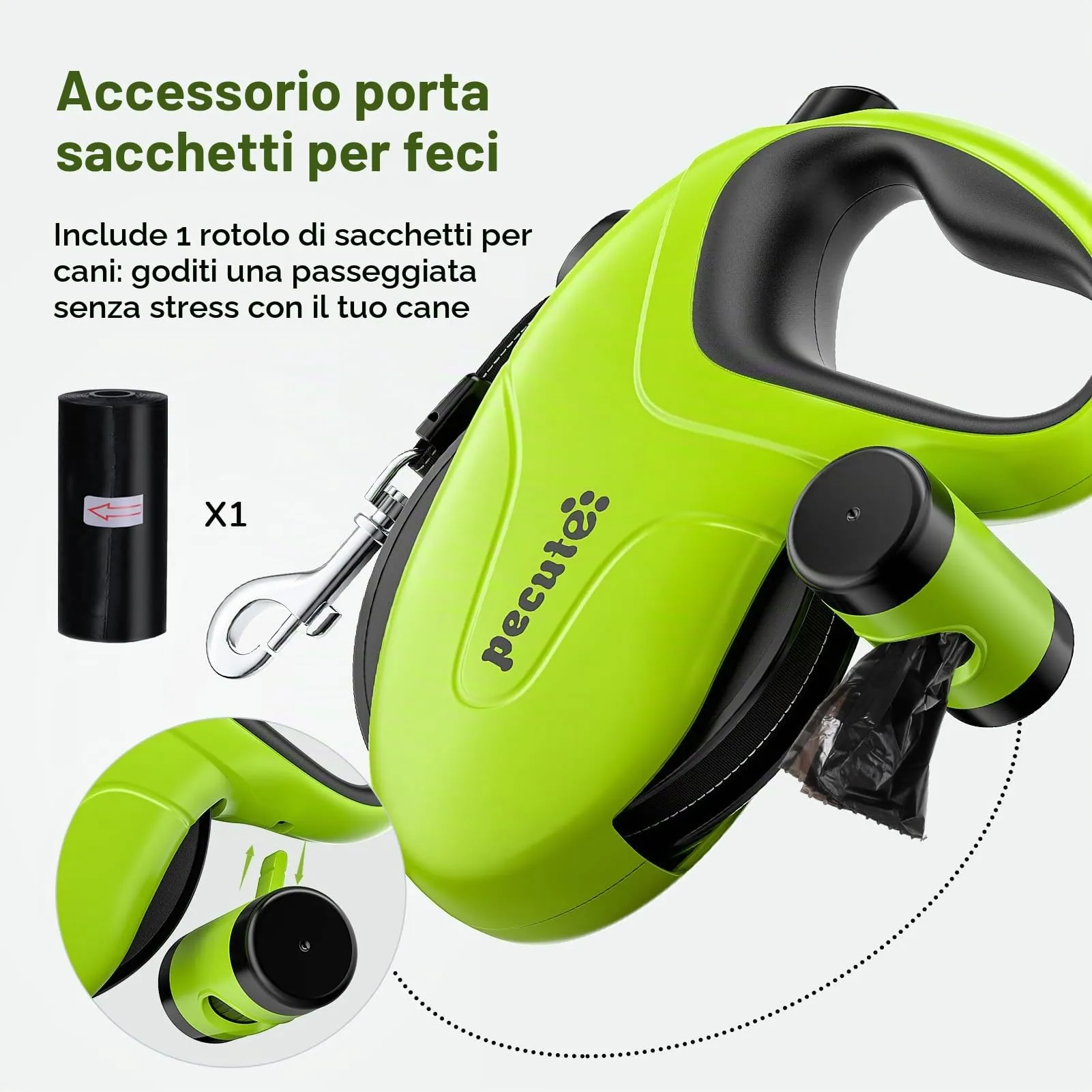 Pecute Guinzaglio Retrattile per Cani 10M (Fino a 50 Kg), Verde - immagine 7