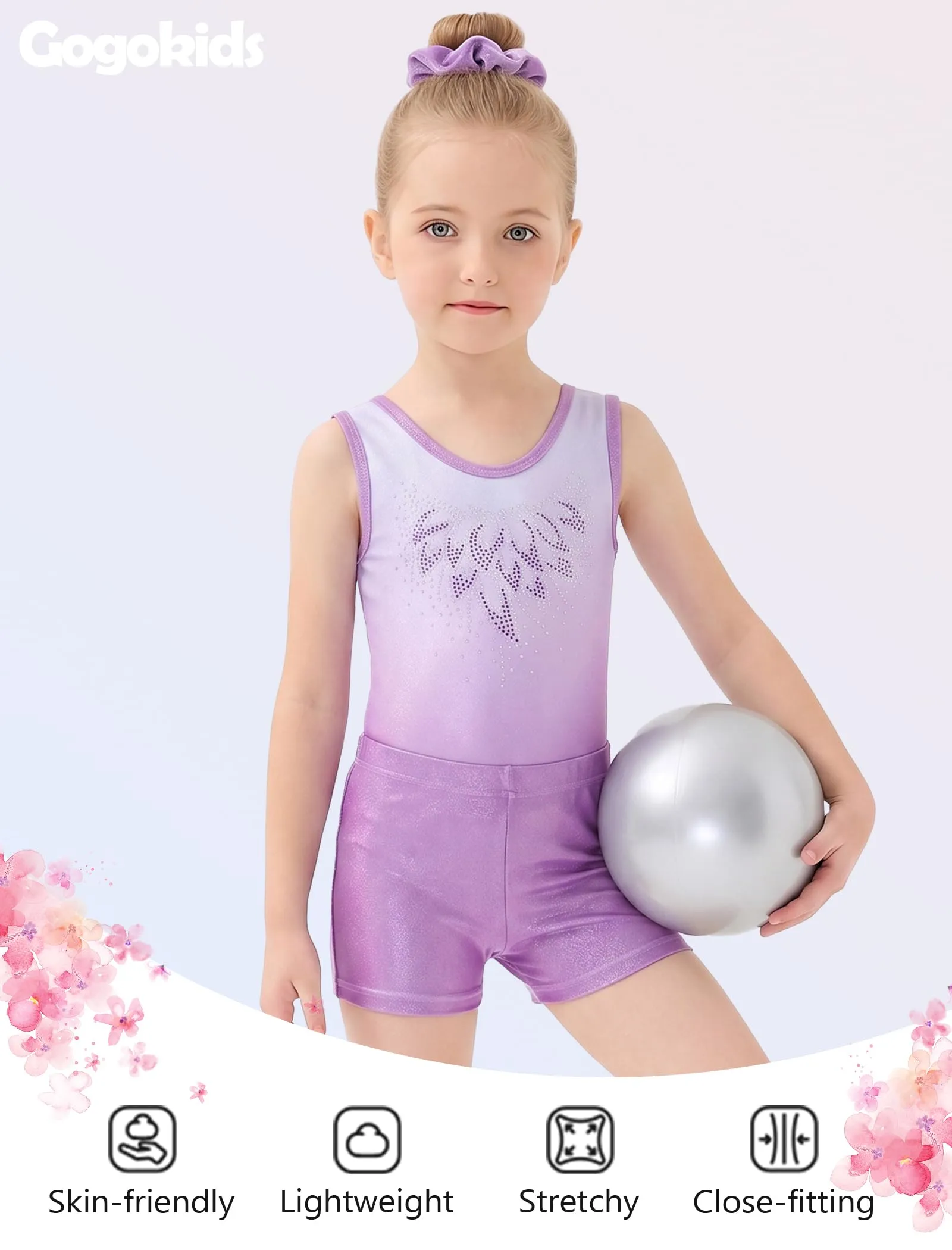 Gogokids Set Sportivo da Ginnastica per Ragazze, 3 Pezzi con Strass, Viola - immagine 2