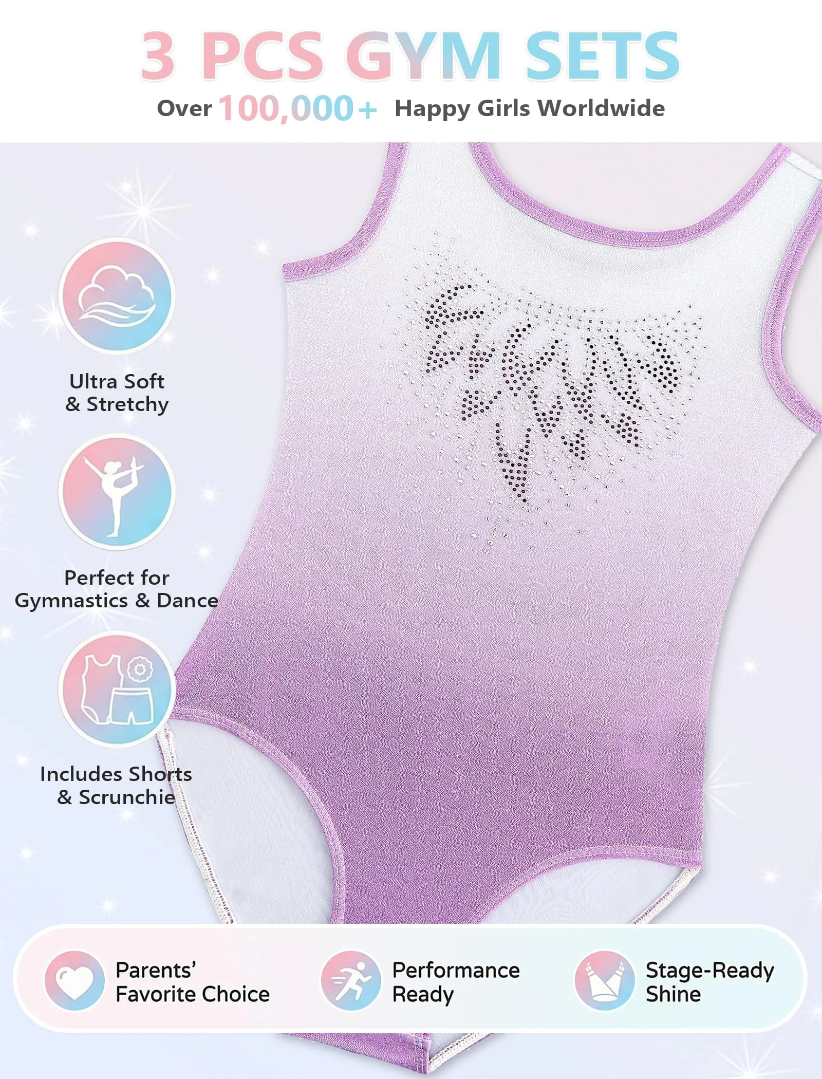 Gogokids Set Sportivo da Ginnastica per Ragazze, 3 Pezzi con Strass, Viola - immagine 5