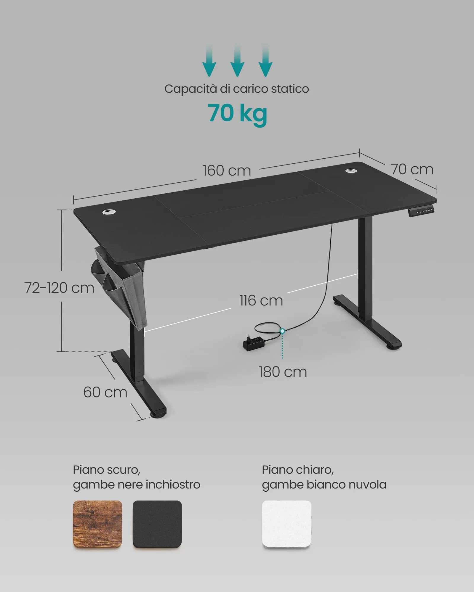 SONGMICS Scrivania Elettrica Regolabile in Altezza, 160 x 70 cm, 72-120 cm - immagine 5