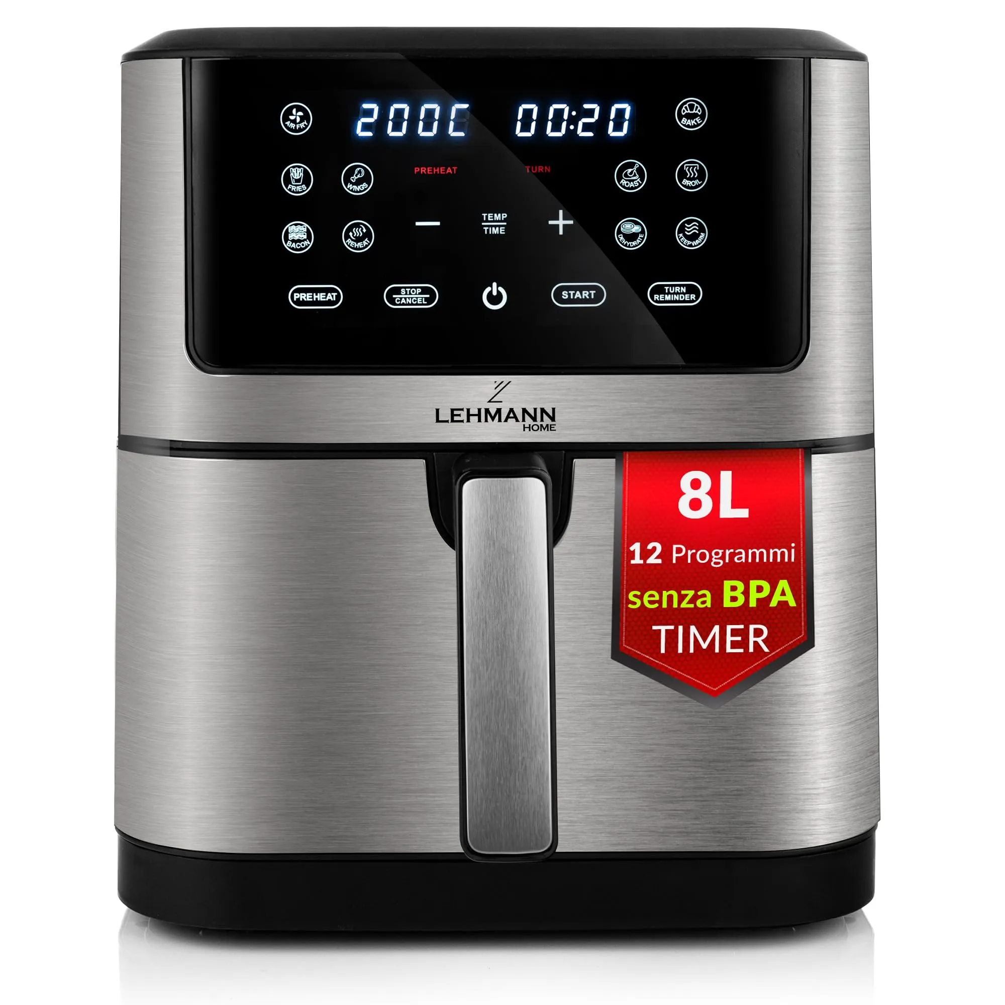 LEHMANN Friggitrice ad Aria XXL 8L con Divisorio Rimovibile, 12 Programmi, Display LED, LHODF-1880 - immagine 1