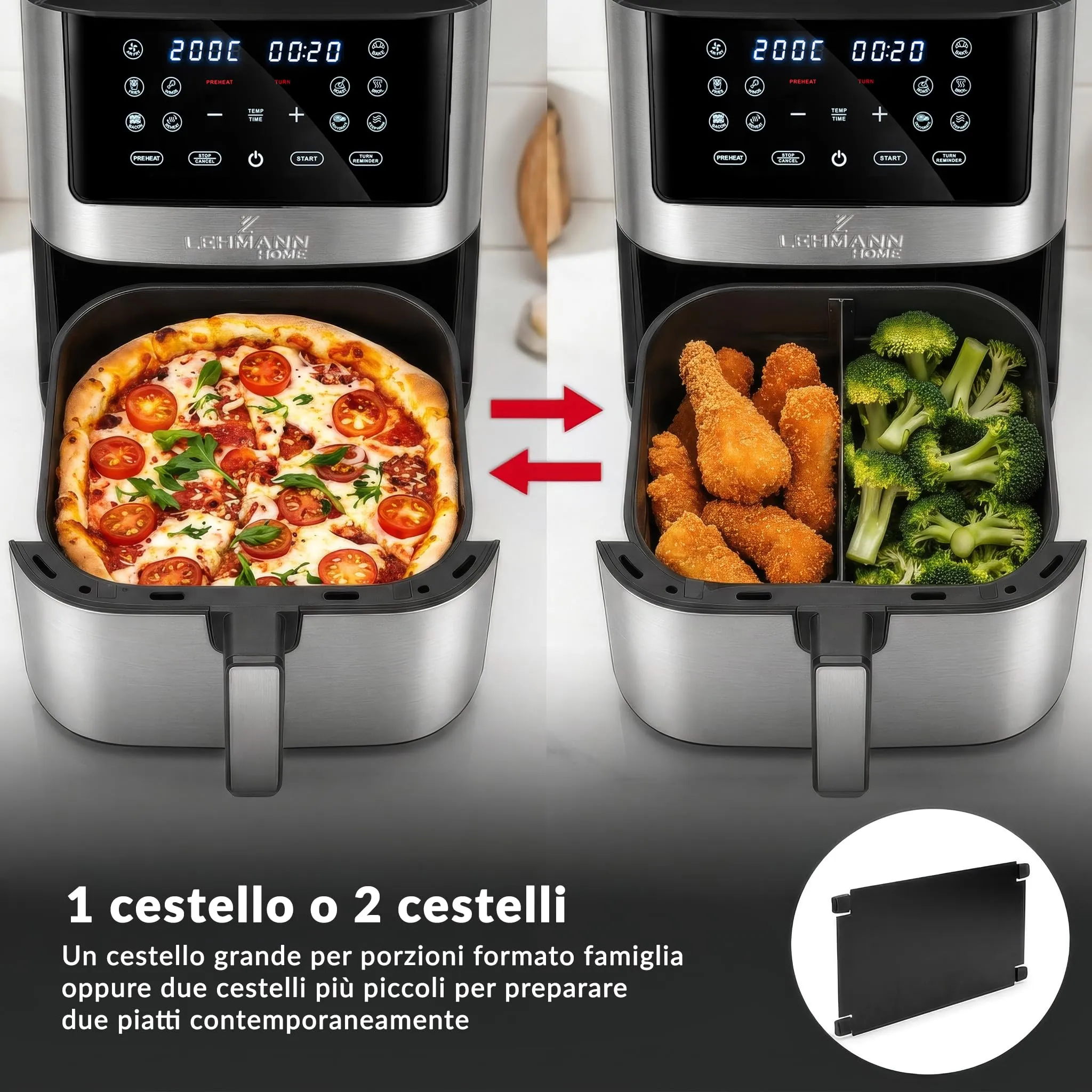 LEHMANN Friggitrice ad Aria XXL 8L con Divisorio Rimovibile, 12 Programmi, Display LED, LHODF-1880 - immagine 7