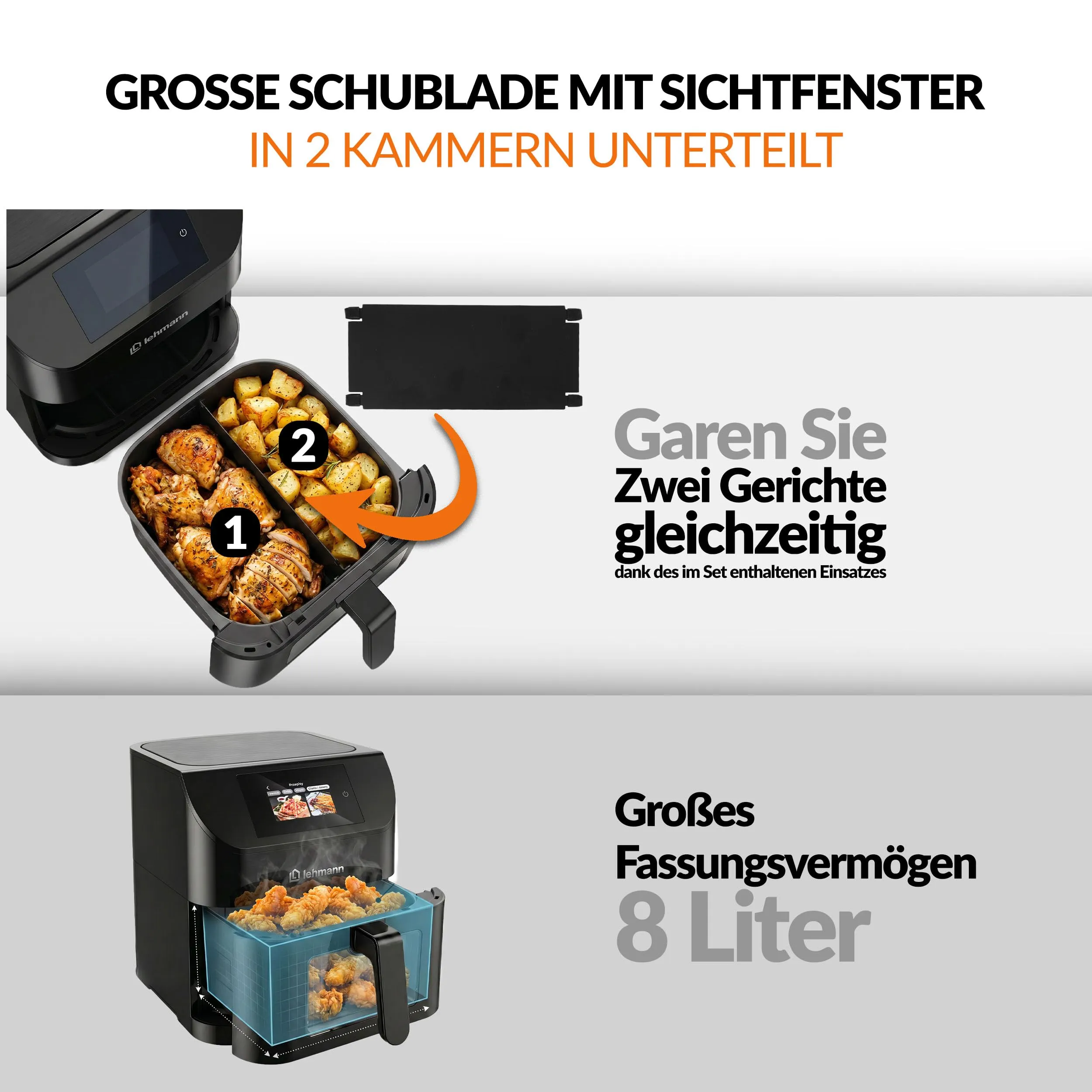 LEHMANN Friggitrice ad Aria 8L XXL, 11 Programmi, 40 Ricette, Cestello Doppia Zona, Finestra di Visualizzazione, Smart App Wifi, LHODF-1880F - immagine 6