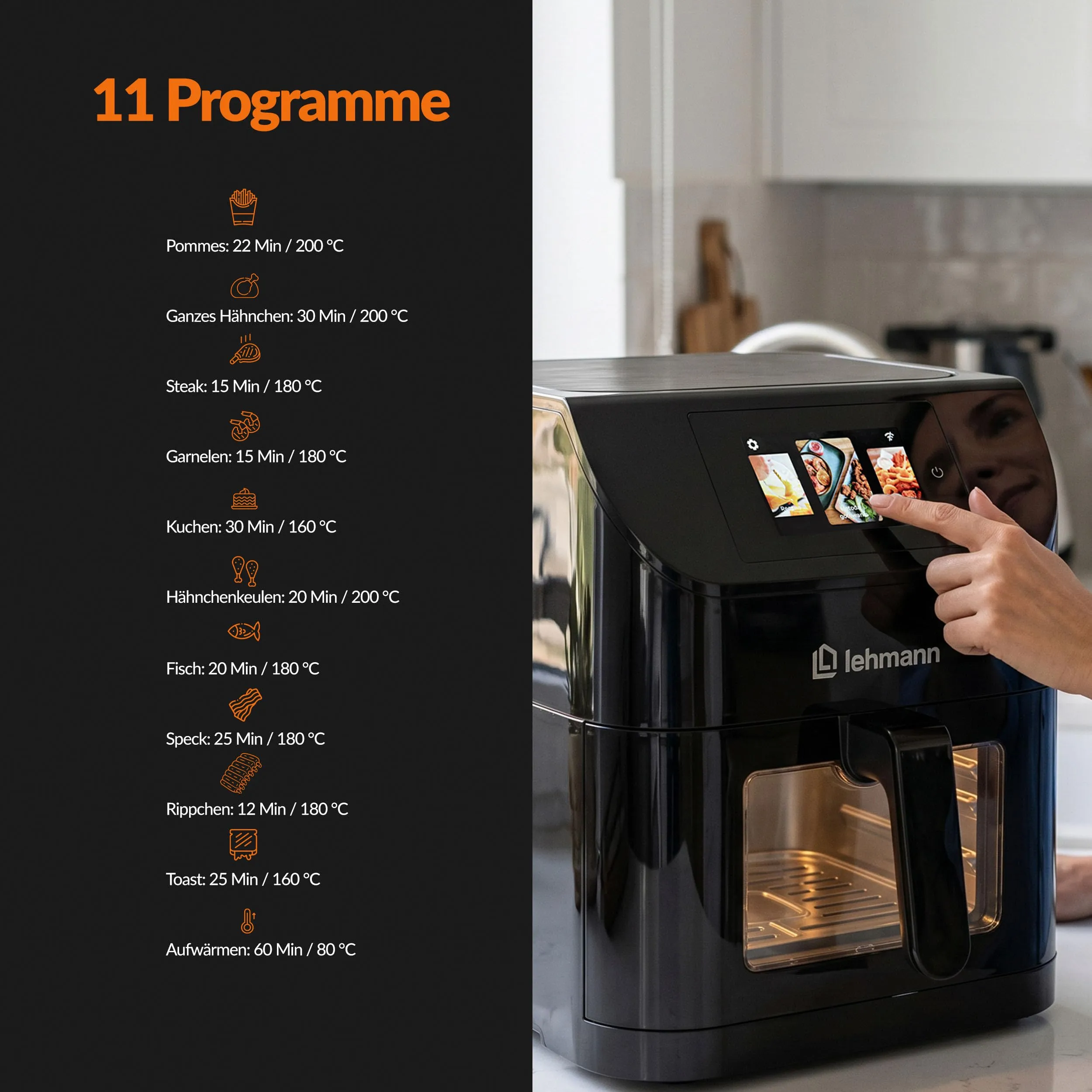 LEHMANN Friggitrice ad Aria 8L XXL, 11 Programmi, 40 Ricette, Cestello Doppia Zona, Finestra di Visualizzazione, Smart App Wifi, LHODF-1880F - immagine 7