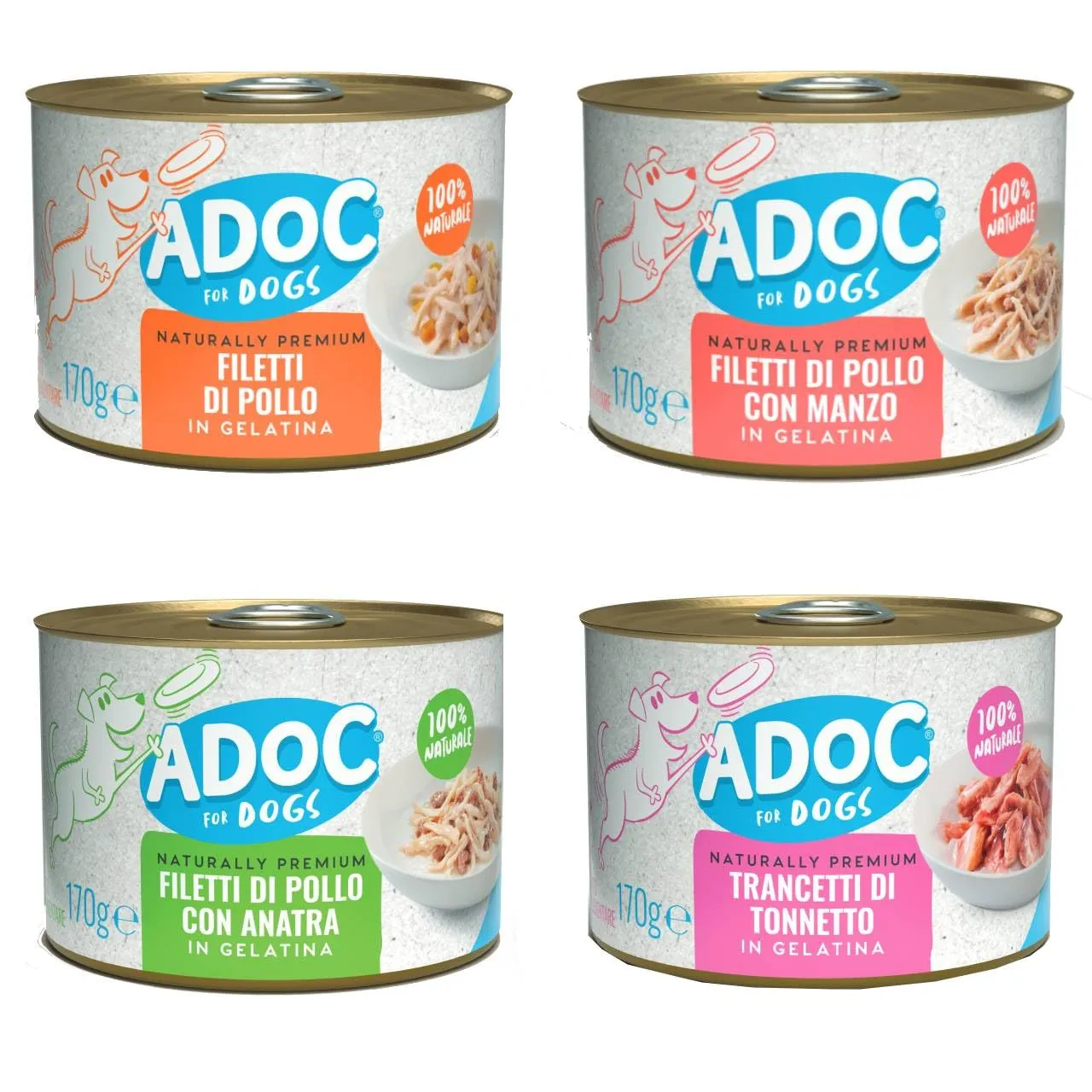 ADoC Dog Cibo Umido per Cani Mix 4 - Tonnetto, Pollo, Anatra e Manzo - 24 x 170g - immagine 1