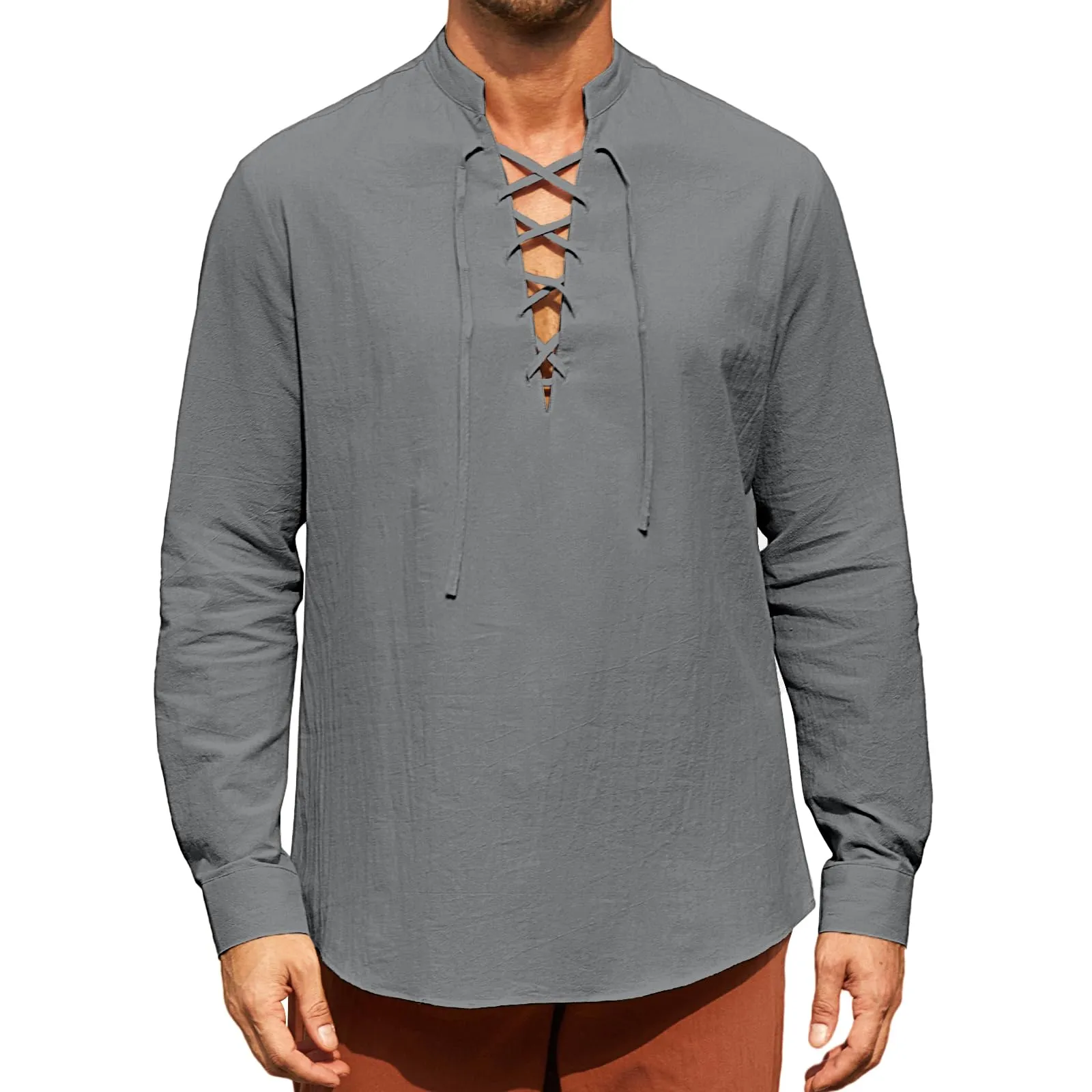 Enlision Camicia di Lino Estiva da Uomo, Maniche Lunghe Henley Scollo a V, Stile Medievale Pirata Vichingo, Grigio, L - immagine 2