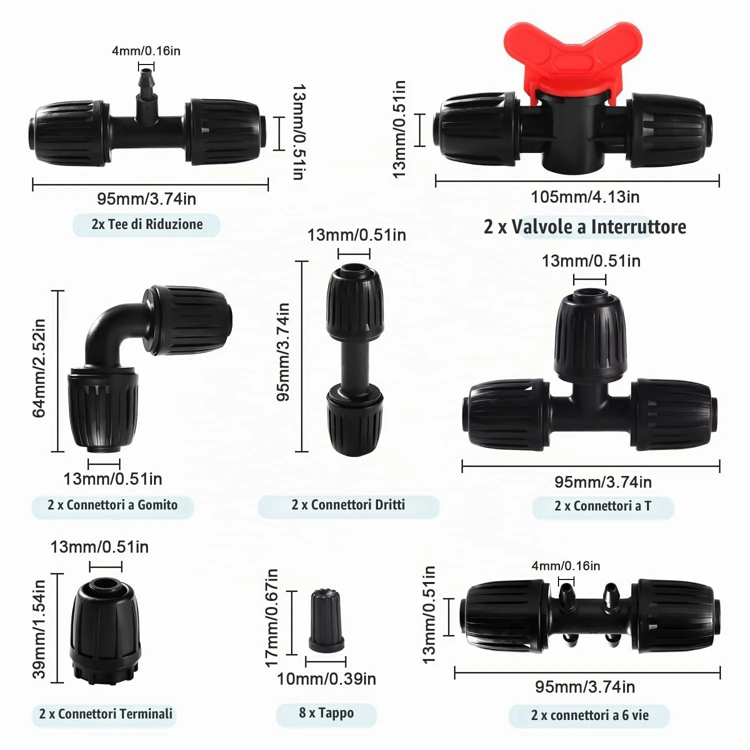VooGenzek Kit di Raccordi per Irrigazione, 52 Pezzi, per Tubi da 13/16 mm a 4/7 mm, Nero - immagine 2