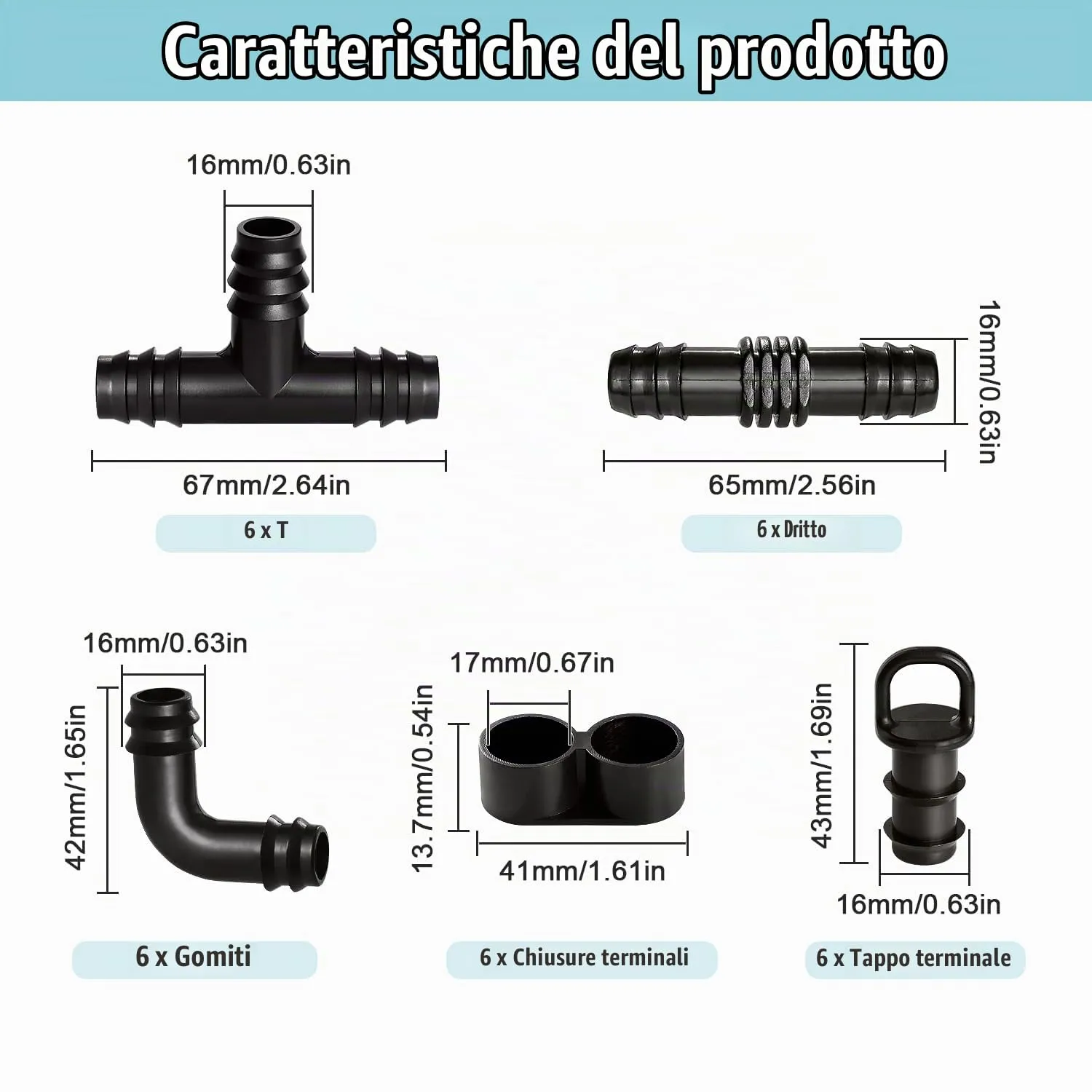VooGenzek Kit di Raccordi per Irrigazione, 52 Pezzi, per Tubi da 13/16 mm a 4/7 mm, Nero - immagine 3