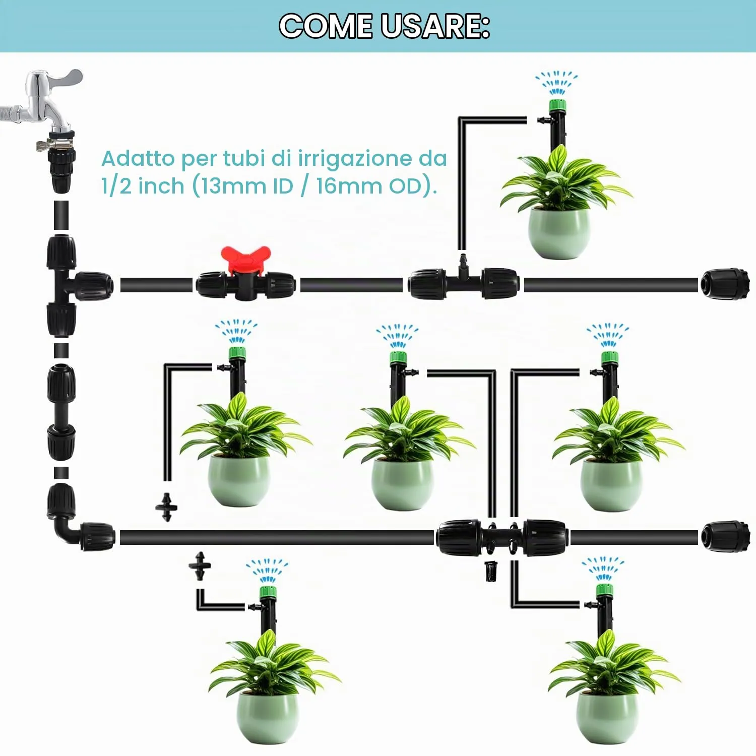 VooGenzek Kit di Raccordi per Irrigazione, 52 Pezzi, per Tubi da 13/16 mm a 4/7 mm, Nero - immagine 5