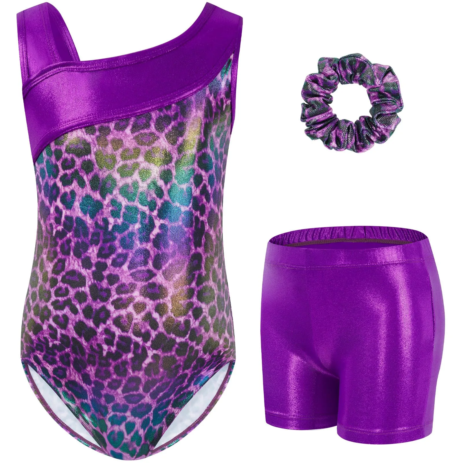 Gogokids Set da Ginnastica 3 Pezzi per Ragazze, Body senza Maniche, Pantaloncini e Fascia, Stampa Leopardo Viola, Taglia 110 (5-6Y) - immagine 1