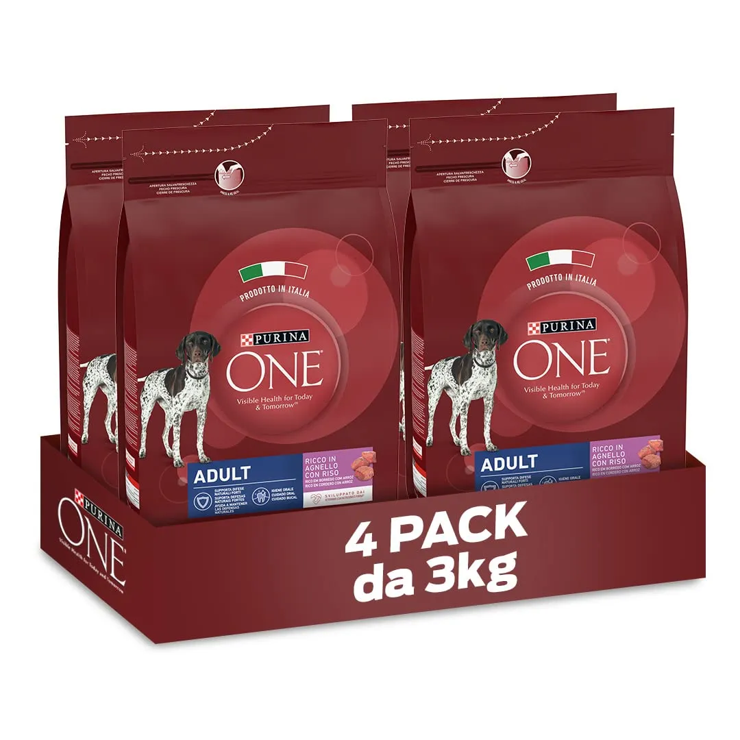 Purina One Crocchette per Cani Adulti Ricco in Agnello con Riso, 4 Sacchi da 3kg - immagine 1