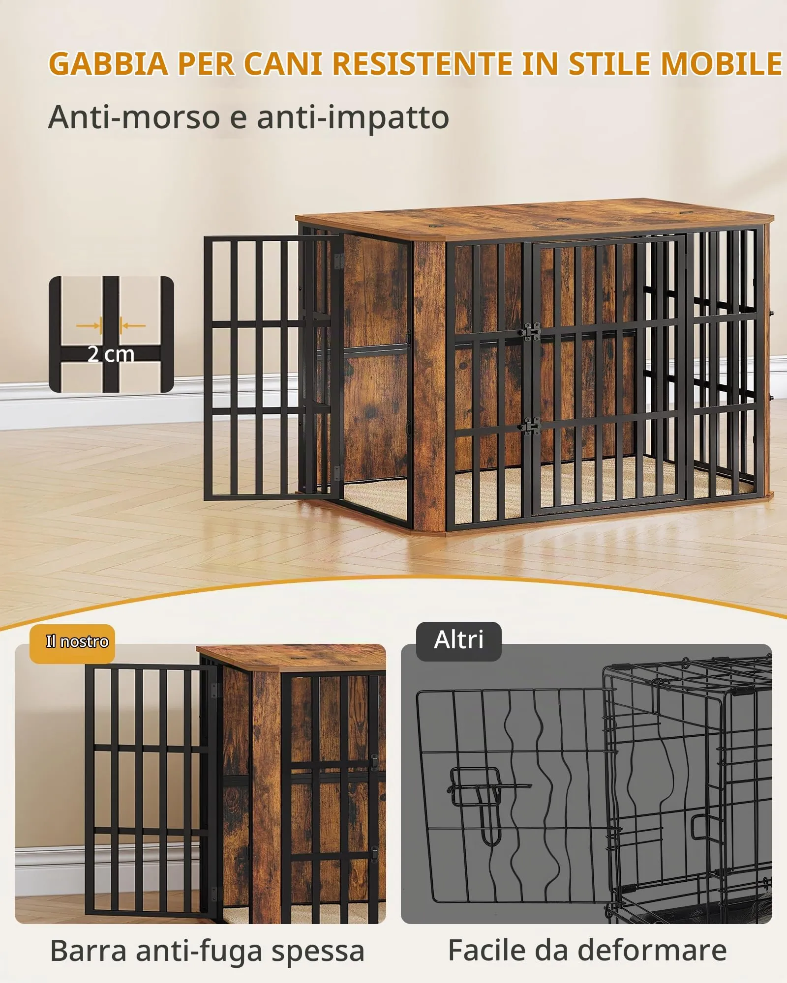 Hzuaneri Gabbia per Cani XXL, 120 x 75 x 81 cm, Marrone Rustico - immagine 5