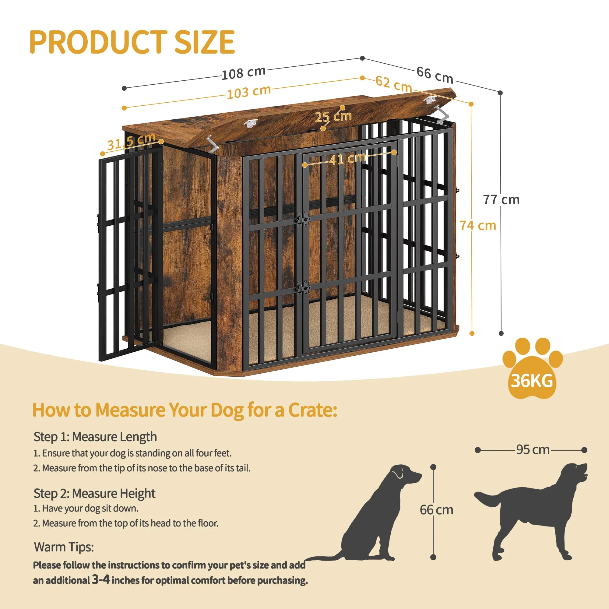 Hzuaneri Gabbia per Cani Moderna Interno, 3 Porte, 66 x 108 x 77 cm, XL, Marrone Rustico DFC87801B - immagine 2