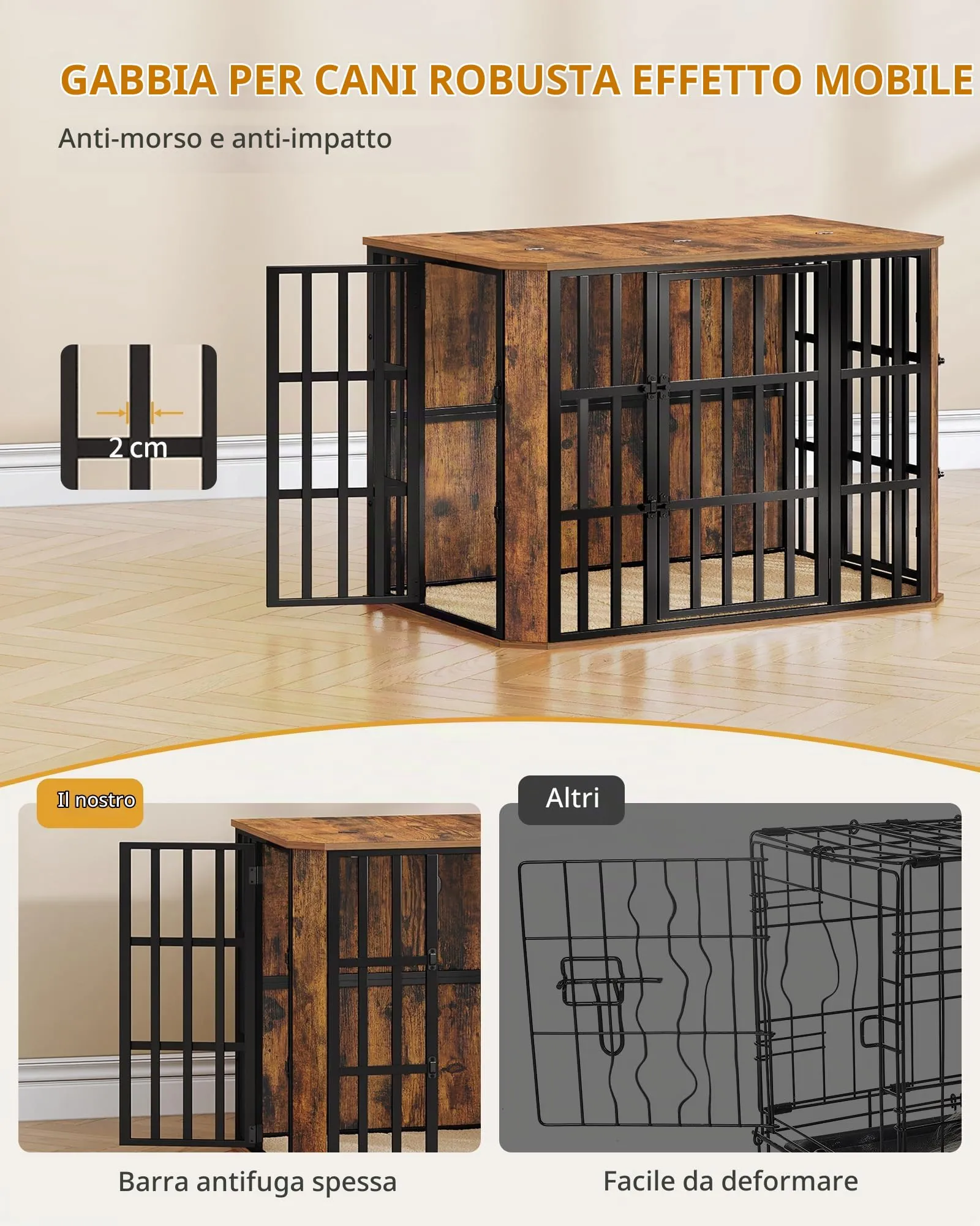 Hzuaneri Gabbia per Cani Moderna Interno, 3 Porte, 66 x 108 x 77 cm, XL, Marrone Rustico DFC87801B - immagine 5