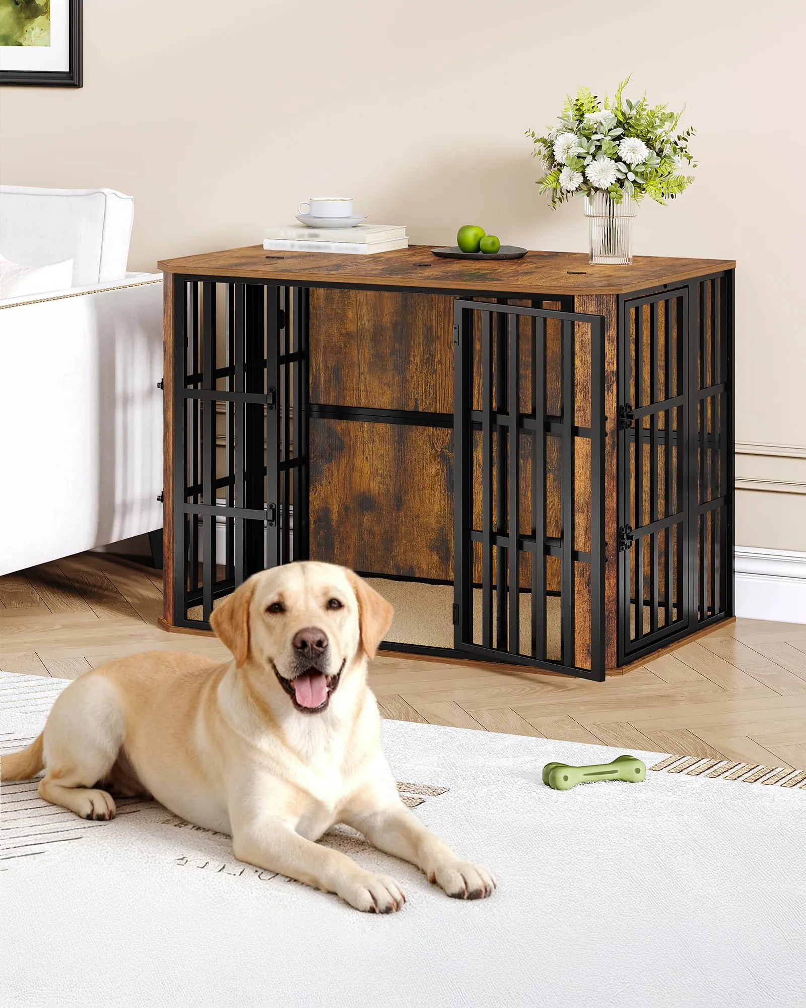Hzuaneri Gabbia per Cani Moderna Interno, 3 Porte, 66 x 108 x 77 cm, XL, Marrone Rustico DFC87801B - immagine 6