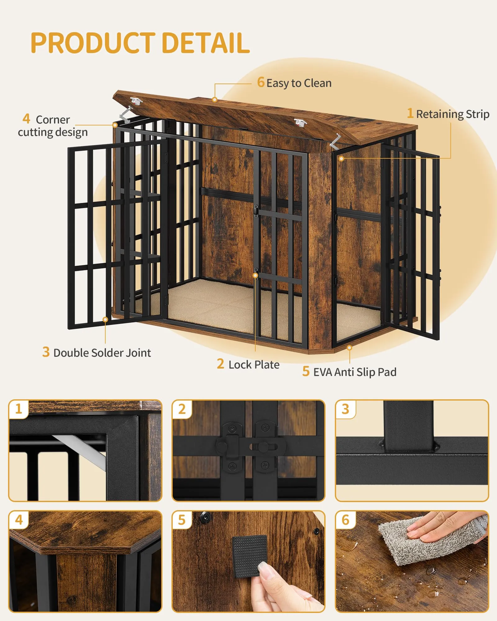 Hzuaneri Gabbia per Cani Moderna Interno, 3 Porte, 66 x 108 x 77 cm, XL, Marrone Rustico DFC87801B - immagine 7