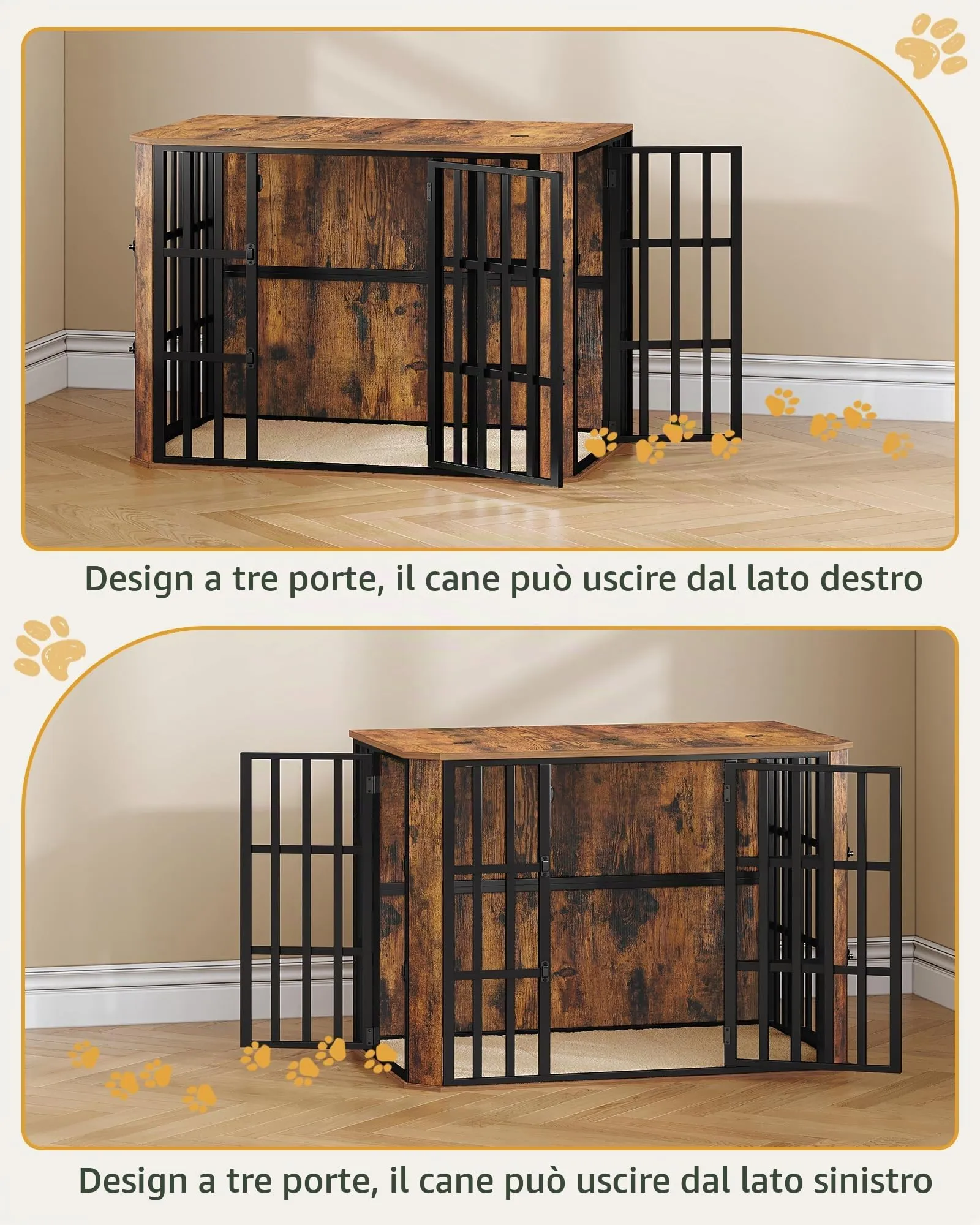 Hzuaneri Gabbia per Cani Moderna Interno, 3 Porte, 66 x 108 x 77 cm, XL, Marrone Rustico DFC87801B - immagine 8