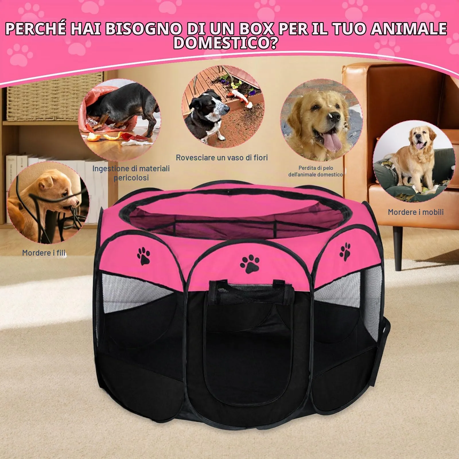 YuLiMirich Recinto Pieghevole per Cani, Gatti e Conigli, Rosa rossa, S - immagine 6