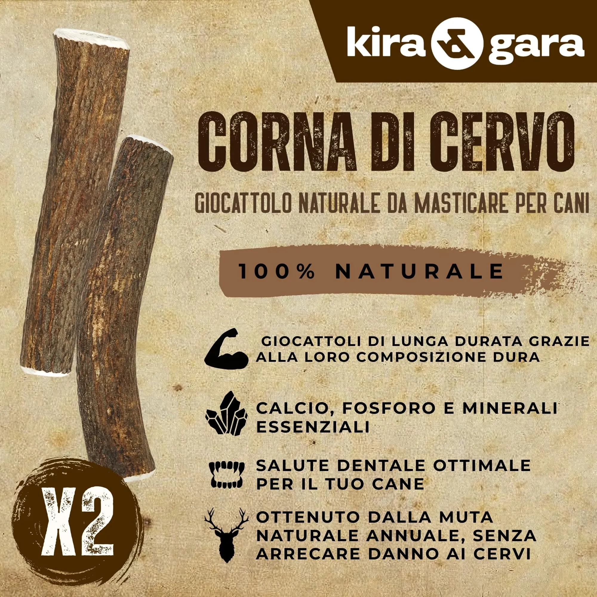 Kira&Gara Corno di Cervo Naturale per Cani, M 71-100g, 2pz - immagine 2