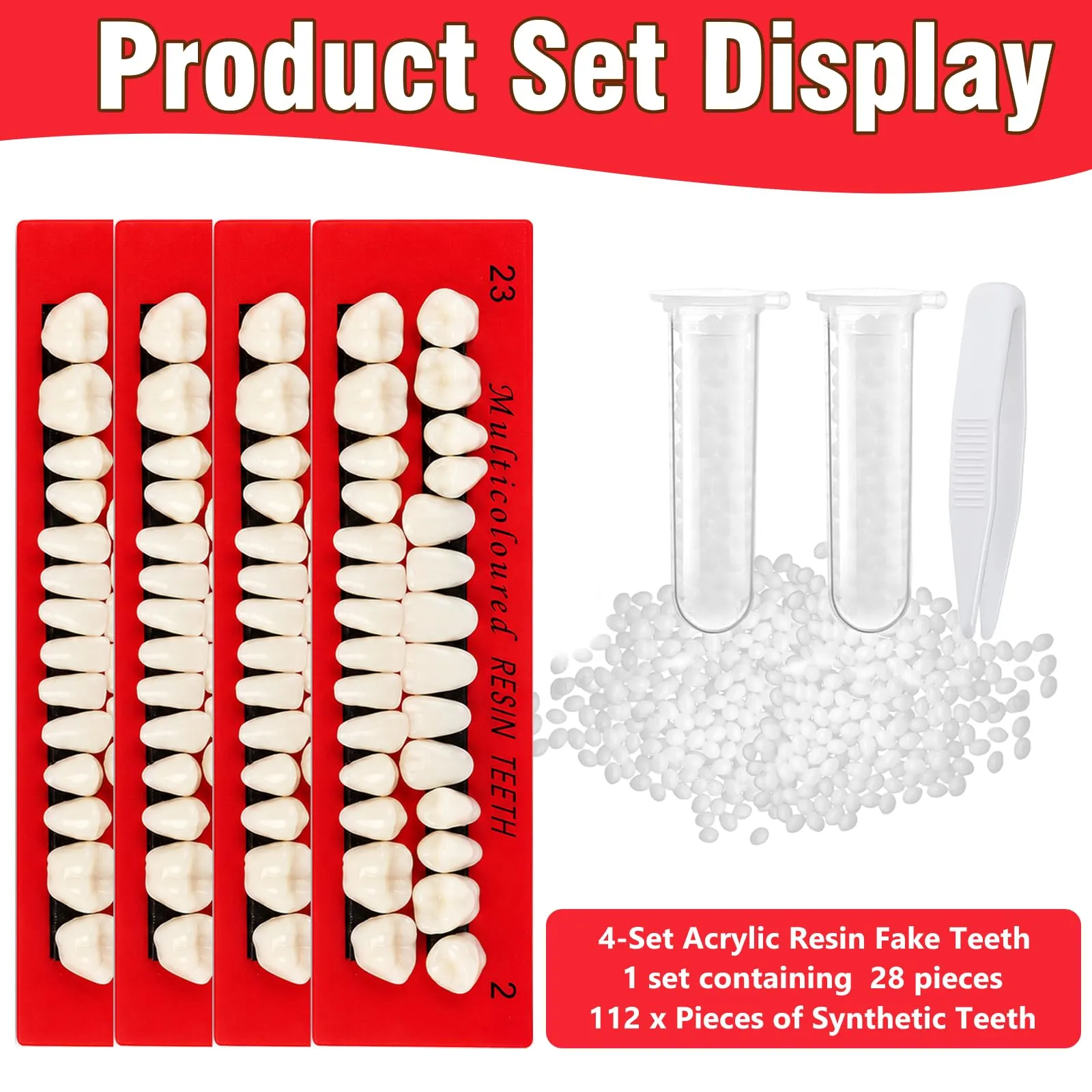 Ceonam Set di 112 denti finti in resina acrilica per protesi completa, superiore e inferiore, 23 A2, bianco - immagine 2