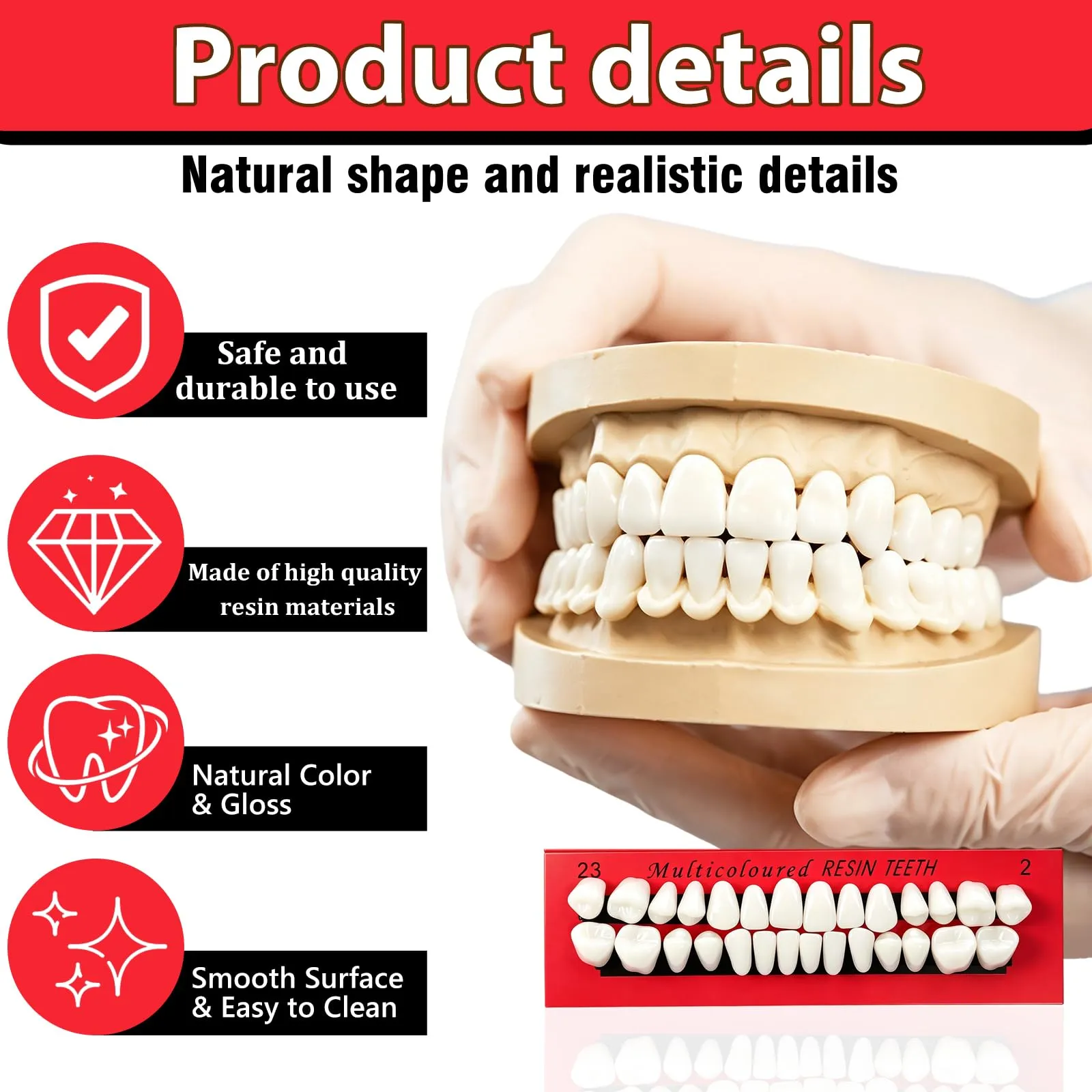 Ceonam Set di 112 denti finti in resina acrilica per protesi completa, superiore e inferiore, 23 A2, bianco - immagine 3