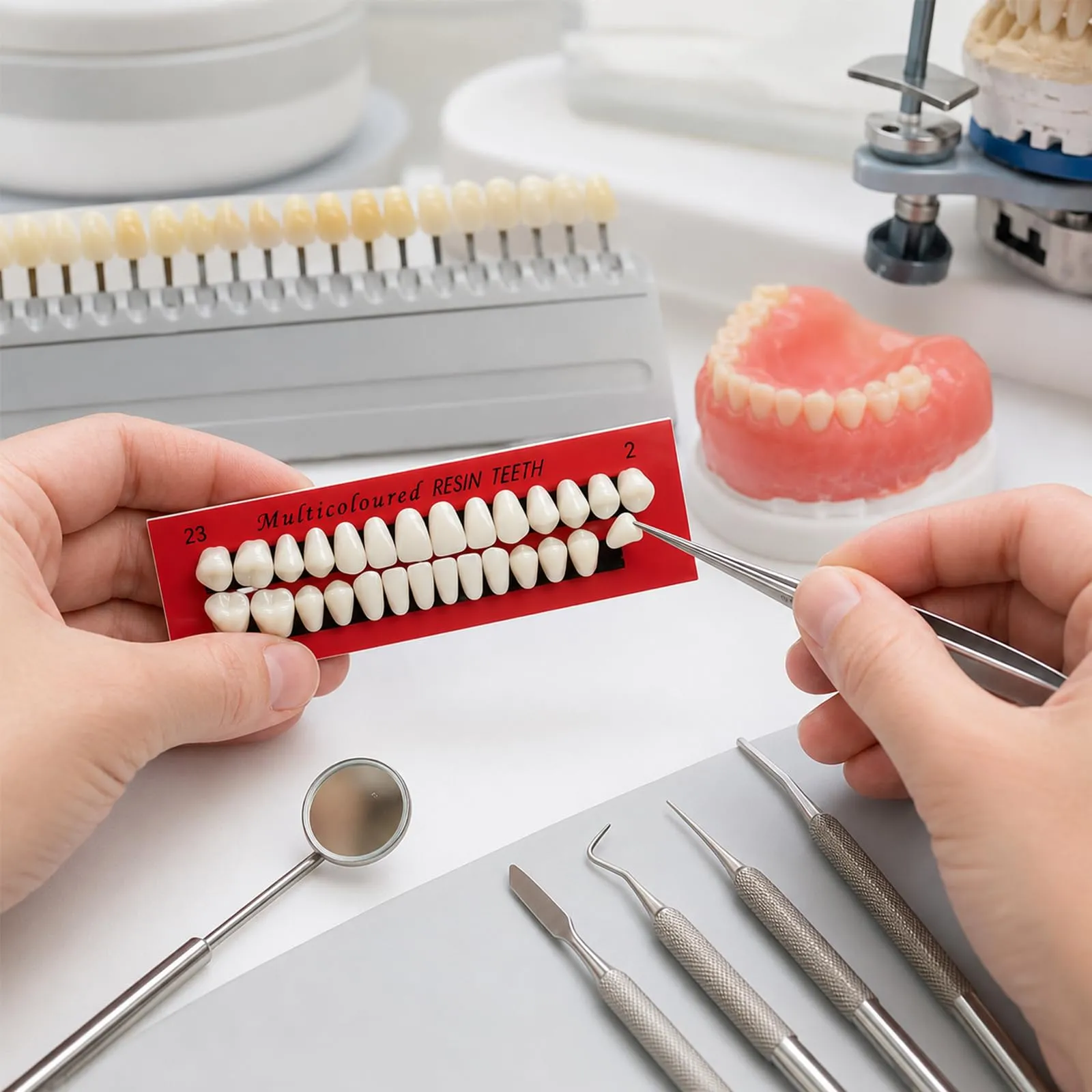 Ceonam Set di 112 denti finti in resina acrilica per protesi completa, superiore e inferiore, 23 A2, bianco - immagine 6
