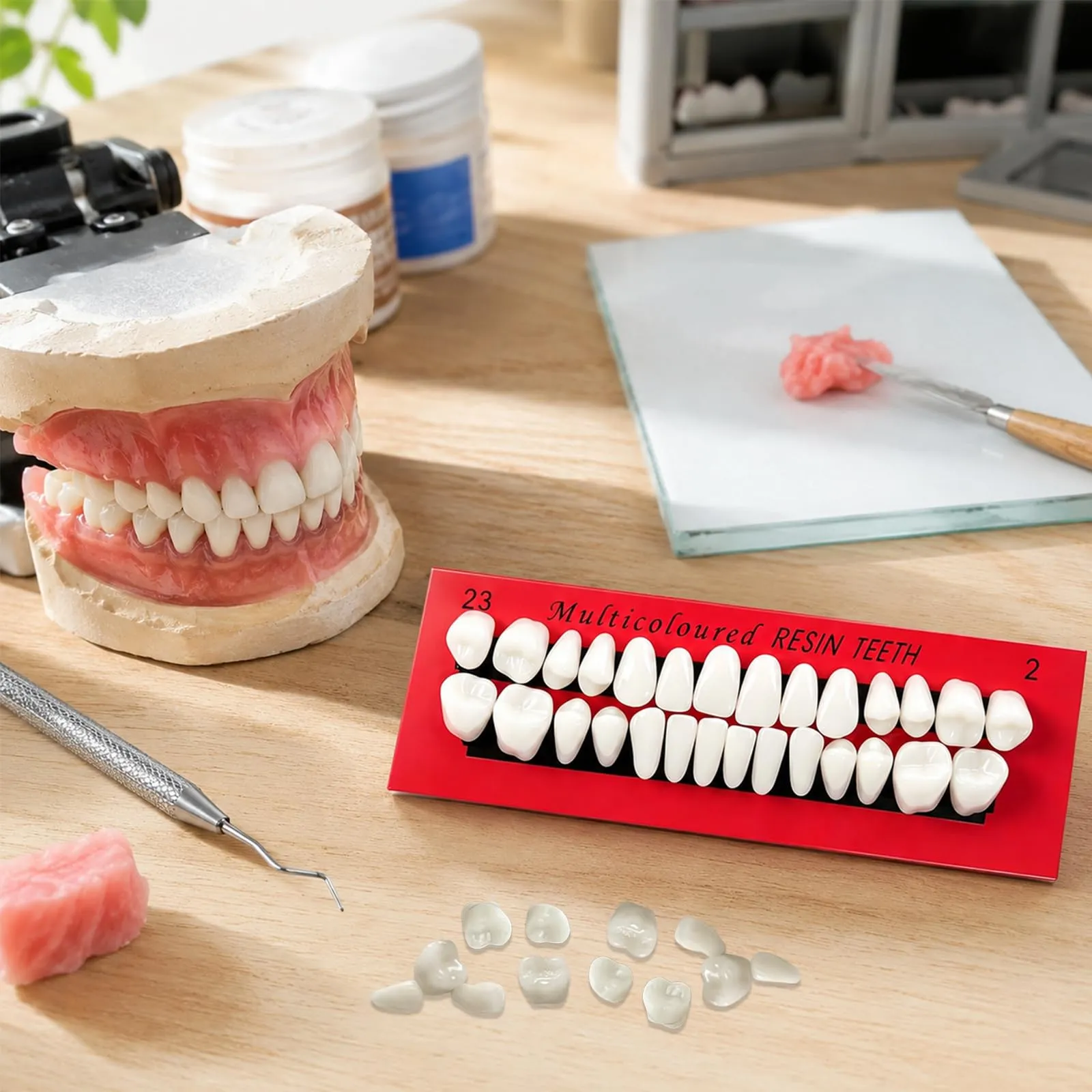 Ceonam Set di 112 denti finti in resina acrilica per protesi completa, superiore e inferiore, 23 A2, bianco - immagine 7