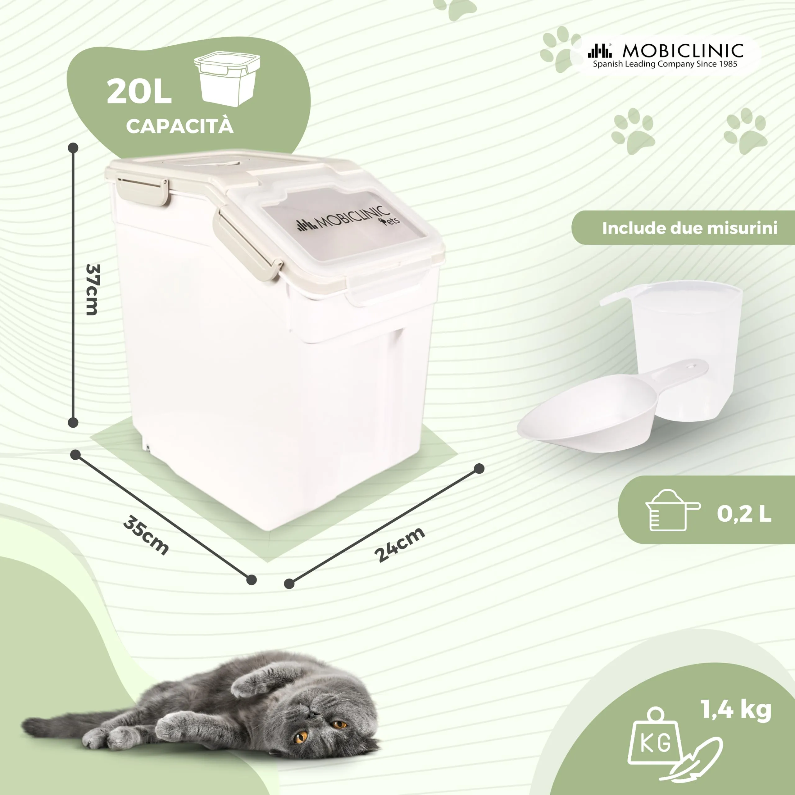 Mobiclinic Feedpet Contenitore Crocchette per Animali Domestici, 20L / 8Kg, 23x25.5x36.5cm, con Ruote, Paletta e Misurino - immagine 2