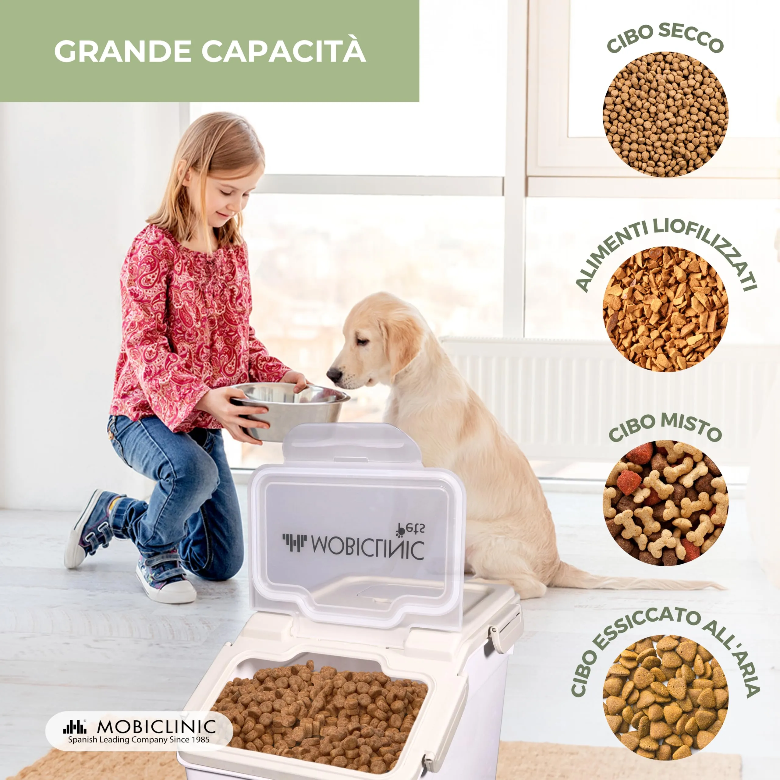 Mobiclinic Feedpet Contenitore Crocchette per Animali Domestici, 20L / 8Kg, 23x25.5x36.5cm, con Ruote, Paletta e Misurino - immagine 3