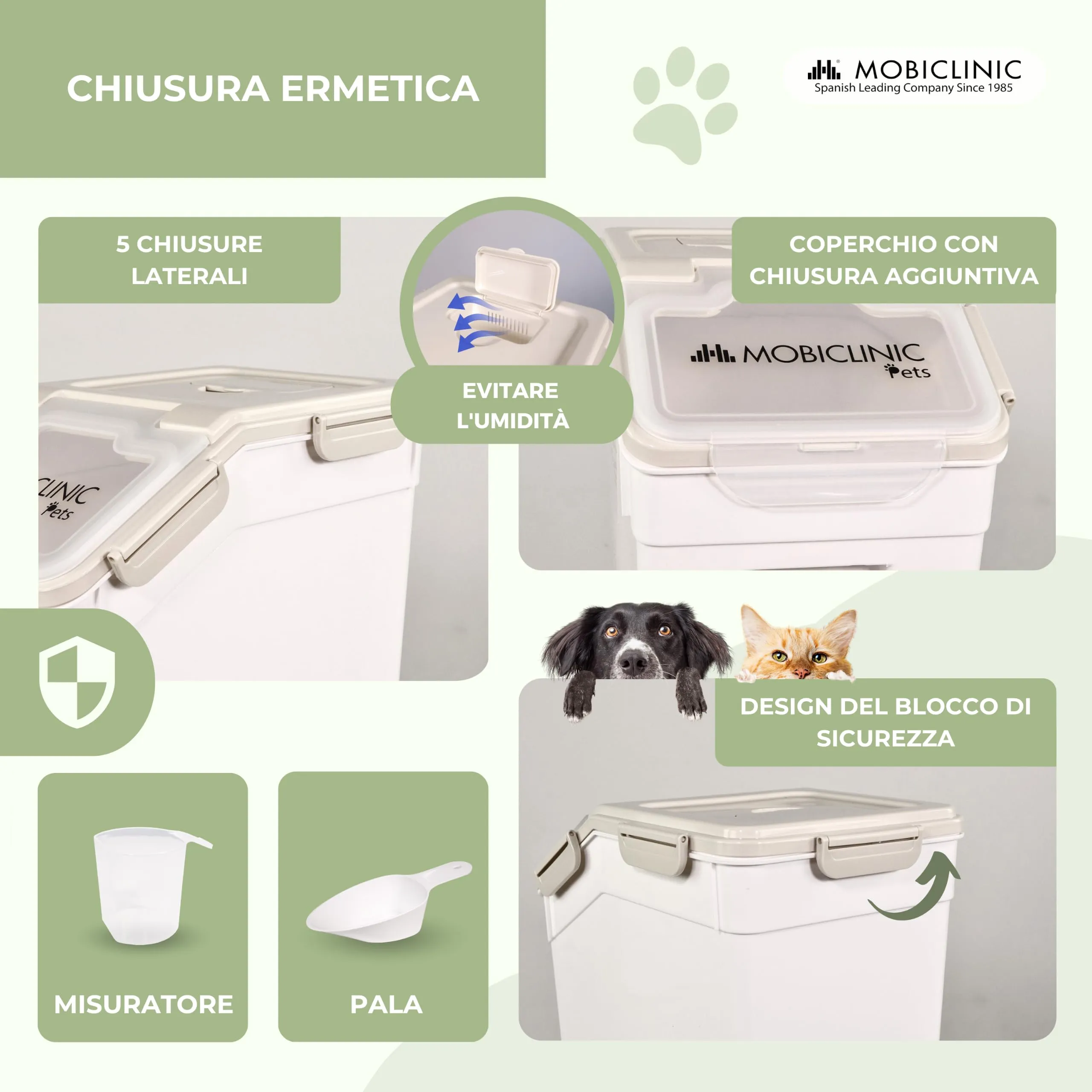 Mobiclinic Feedpet Contenitore Crocchette per Animali Domestici, 20L / 8Kg, 23x25.5x36.5cm, con Ruote, Paletta e Misurino - immagine 5