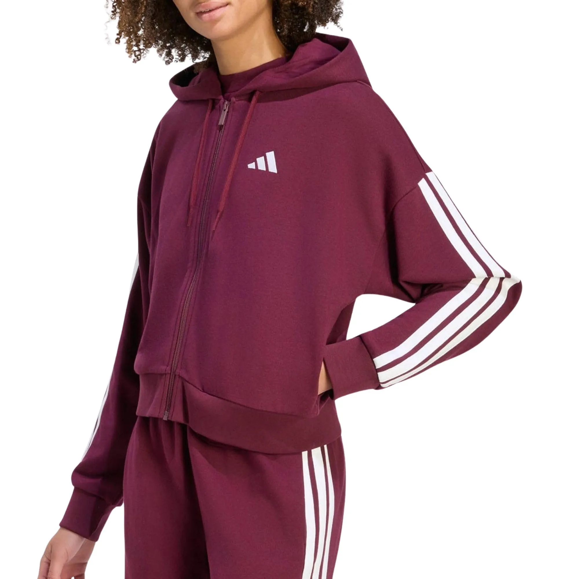 adidas Women's Essentials 3-Stripes French Terry Full Zip Hoodie - Maroon/White - L - immagine 1