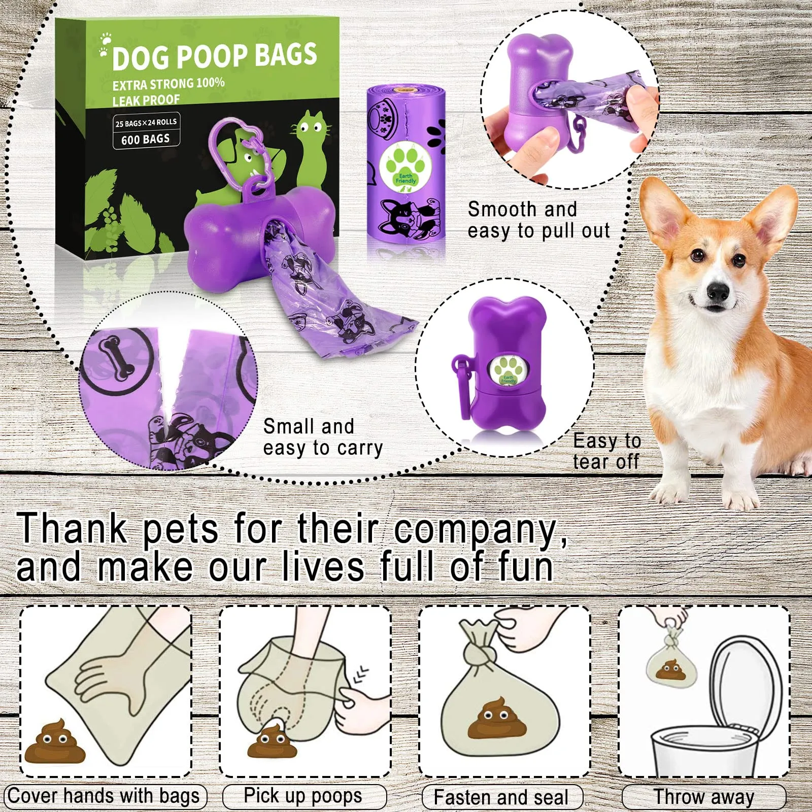 FAMKEEP Sacchetti per Cacca di Cane, 600 Pezzi (24 Rotoli) con Dispenser, Extra Spessi e Impermeabili, Viola - immagine 2