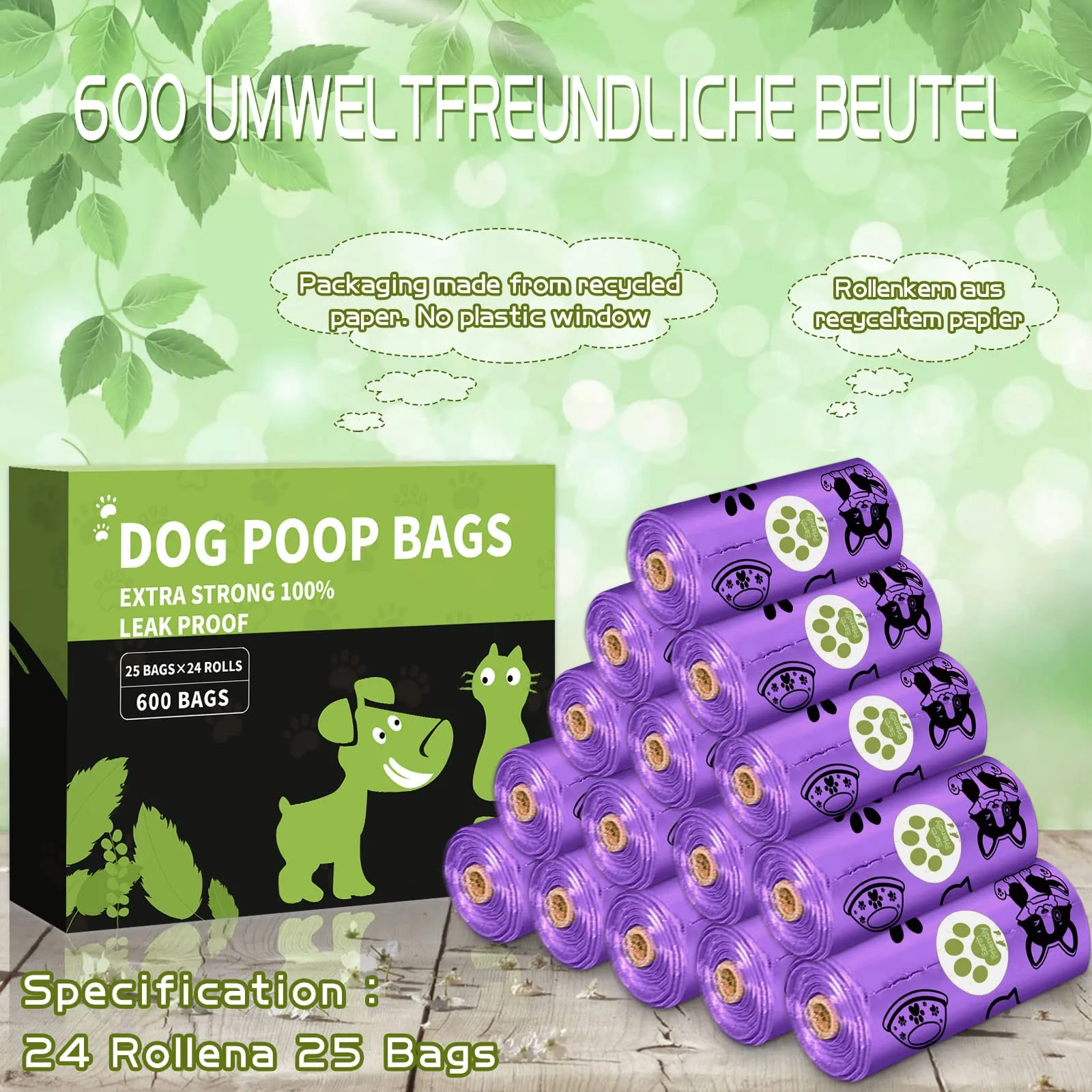 FAMKEEP Sacchetti per Cacca di Cane, 600 Pezzi (24 Rotoli) con Dispenser, Extra Spessi e Impermeabili, Viola - immagine 3