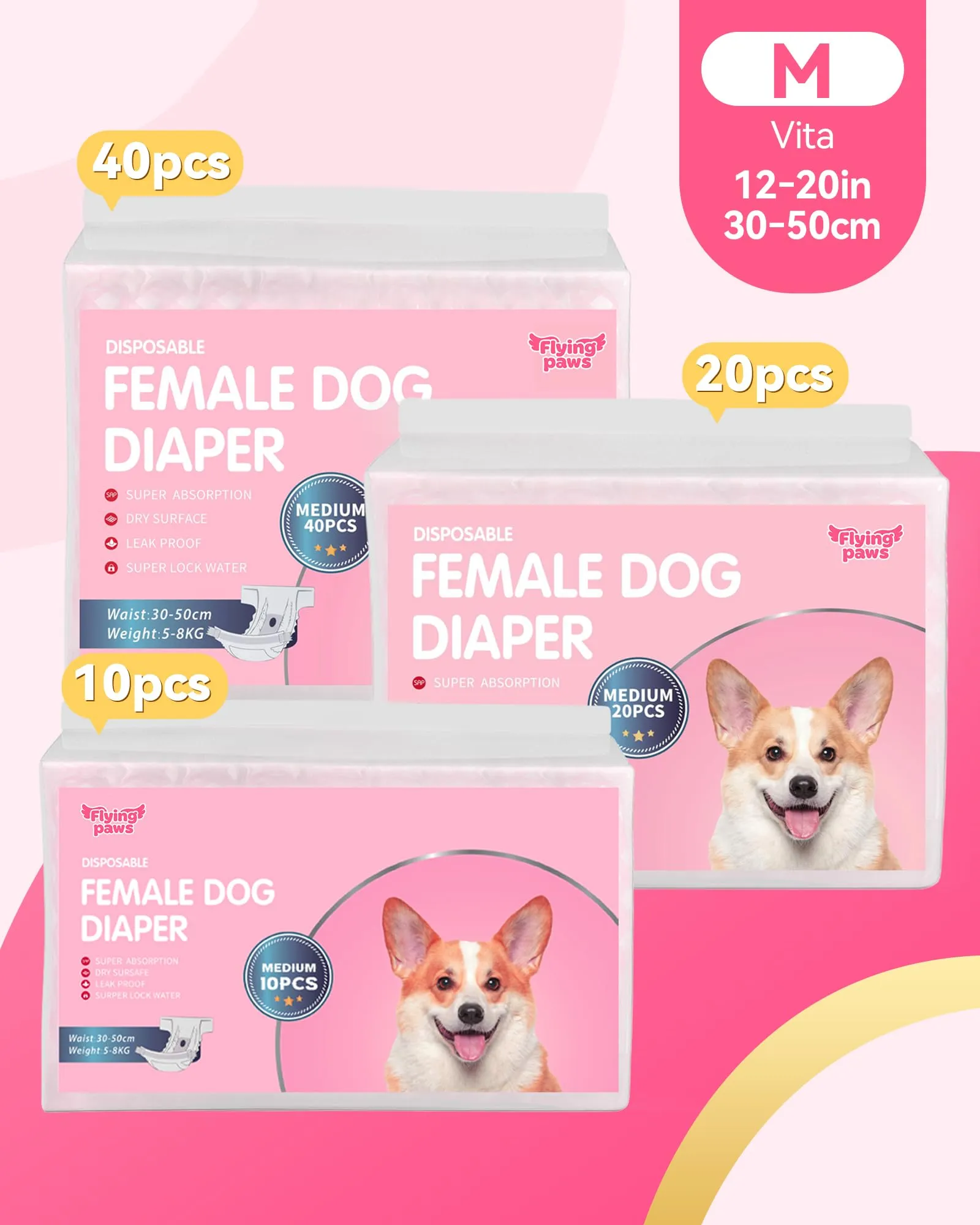 Flying Paws Pannolini usa e getta per cani, M, 40 Pezzi - immagine 9