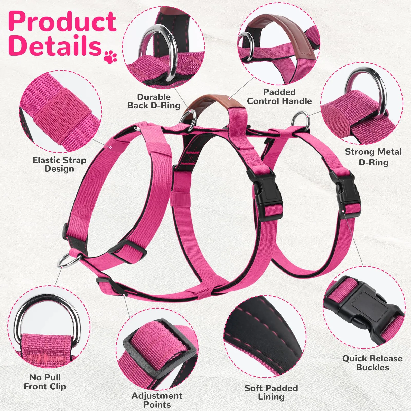Ledeak Pettorina Cane Antifuga e Anti Tiro Regolabile con Maniglia, Taglia Media Grande, Rosso Rosa, XL - immagine 2