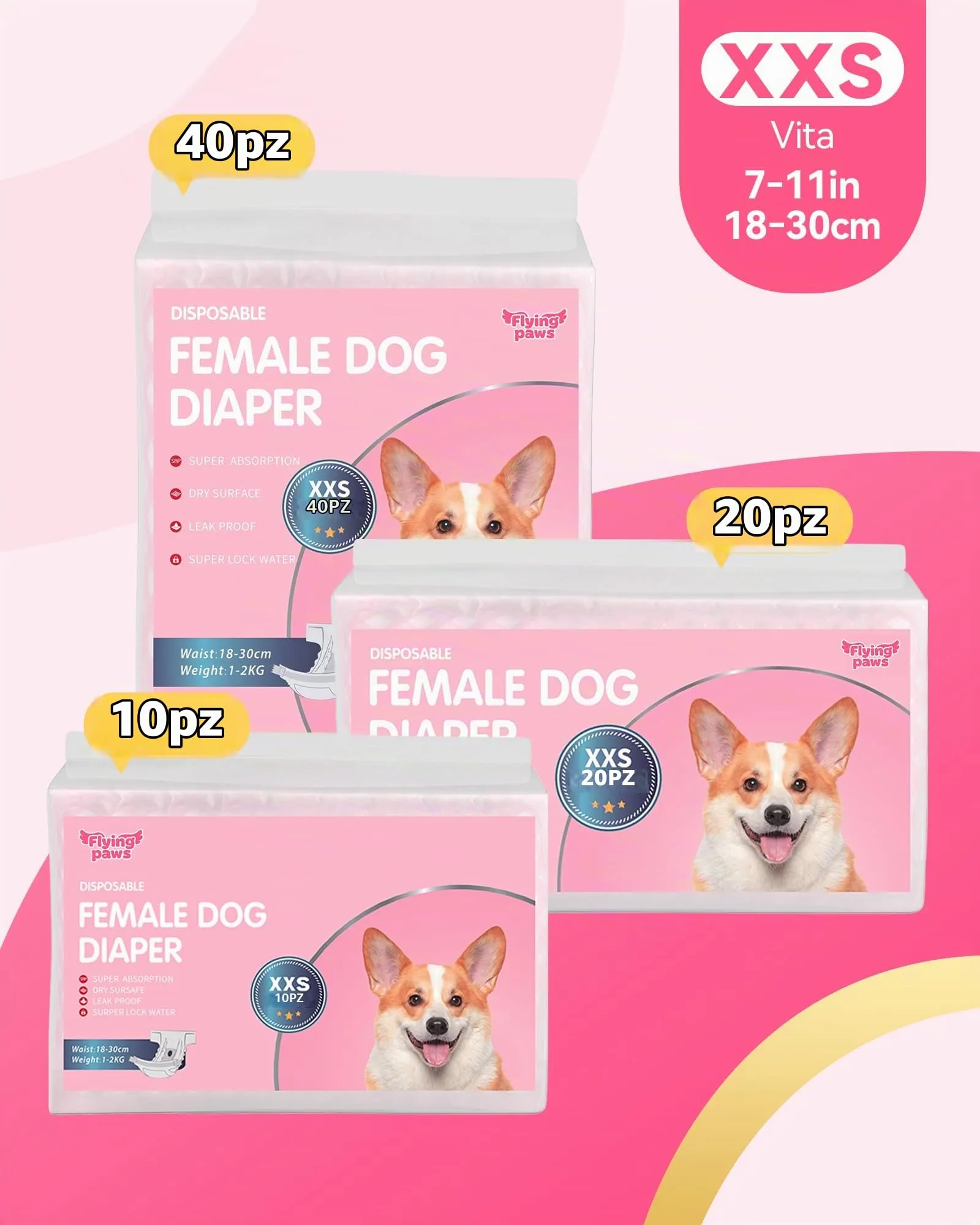 Flying Paws Pannolini usa e getta per cani, XXS, 40 Pezzi - immagine 9