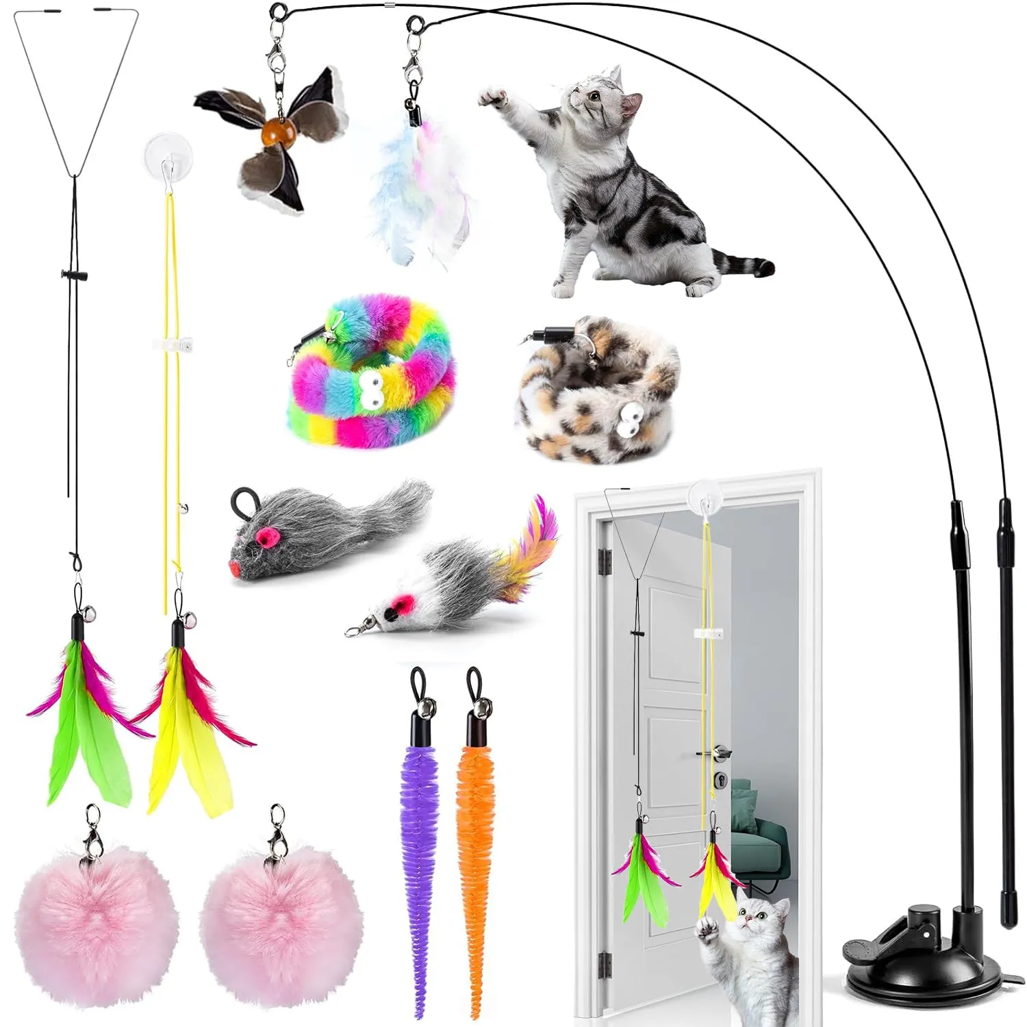 BAISHUWU Giocattoli Interattivi per Gatti con Ventosa, Set da 12 Pezzi con Piume e Campane - immagine 1