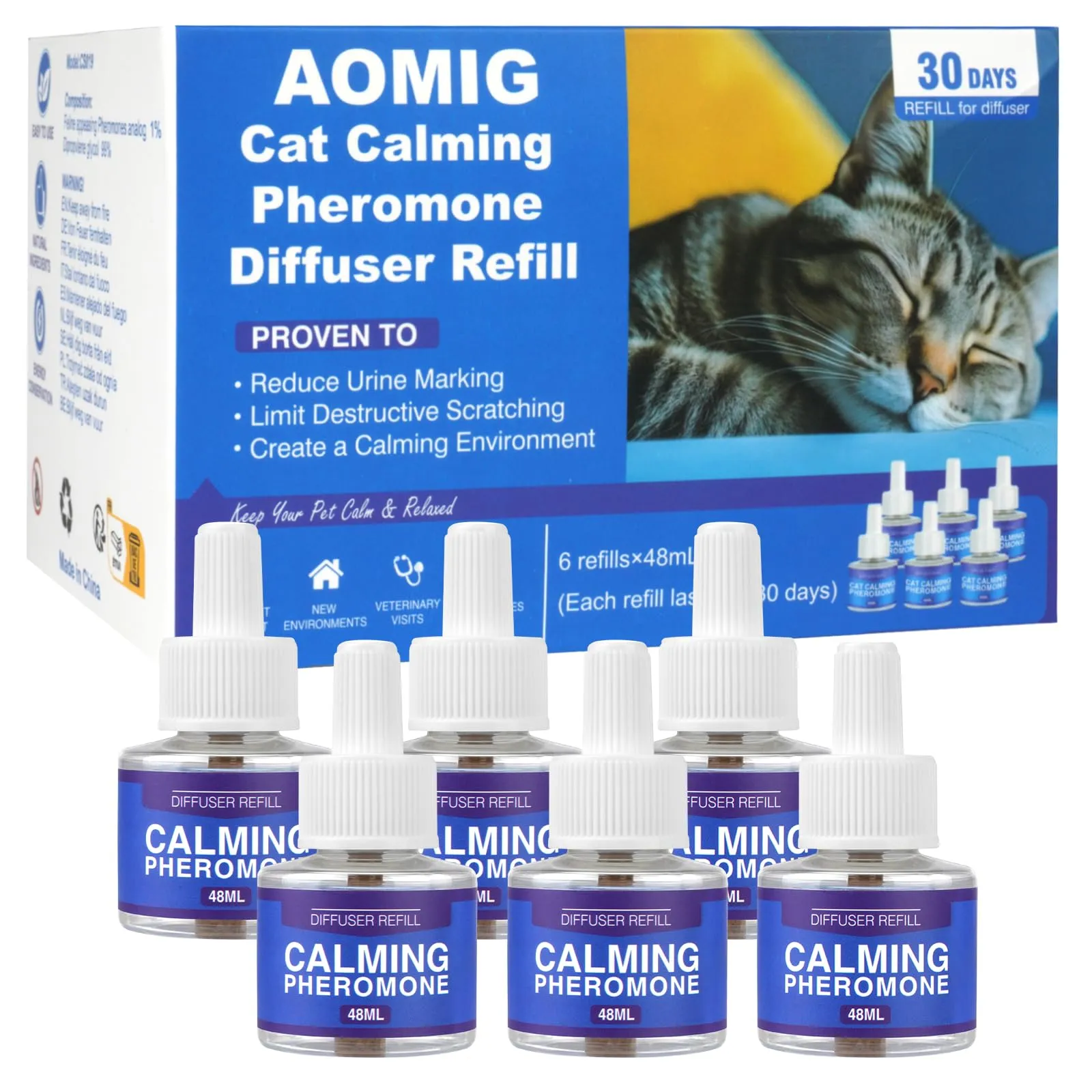 Aomig Diffusore Feromoni Calmante per Gatti, 6 Ricariche da 48 ml - immagine 1