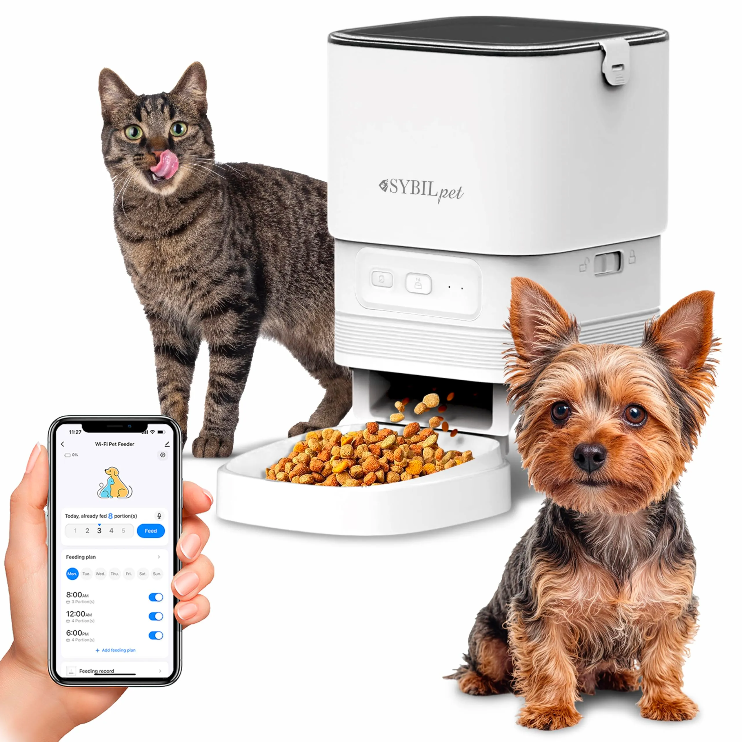 SYBILPET Distributore Automatico Cibo per Gatti e Cani, Dispenser Crocchette con App e Messaggio Vocale, Erogatore Silenzioso Antiblocco 4L - immagine 1
