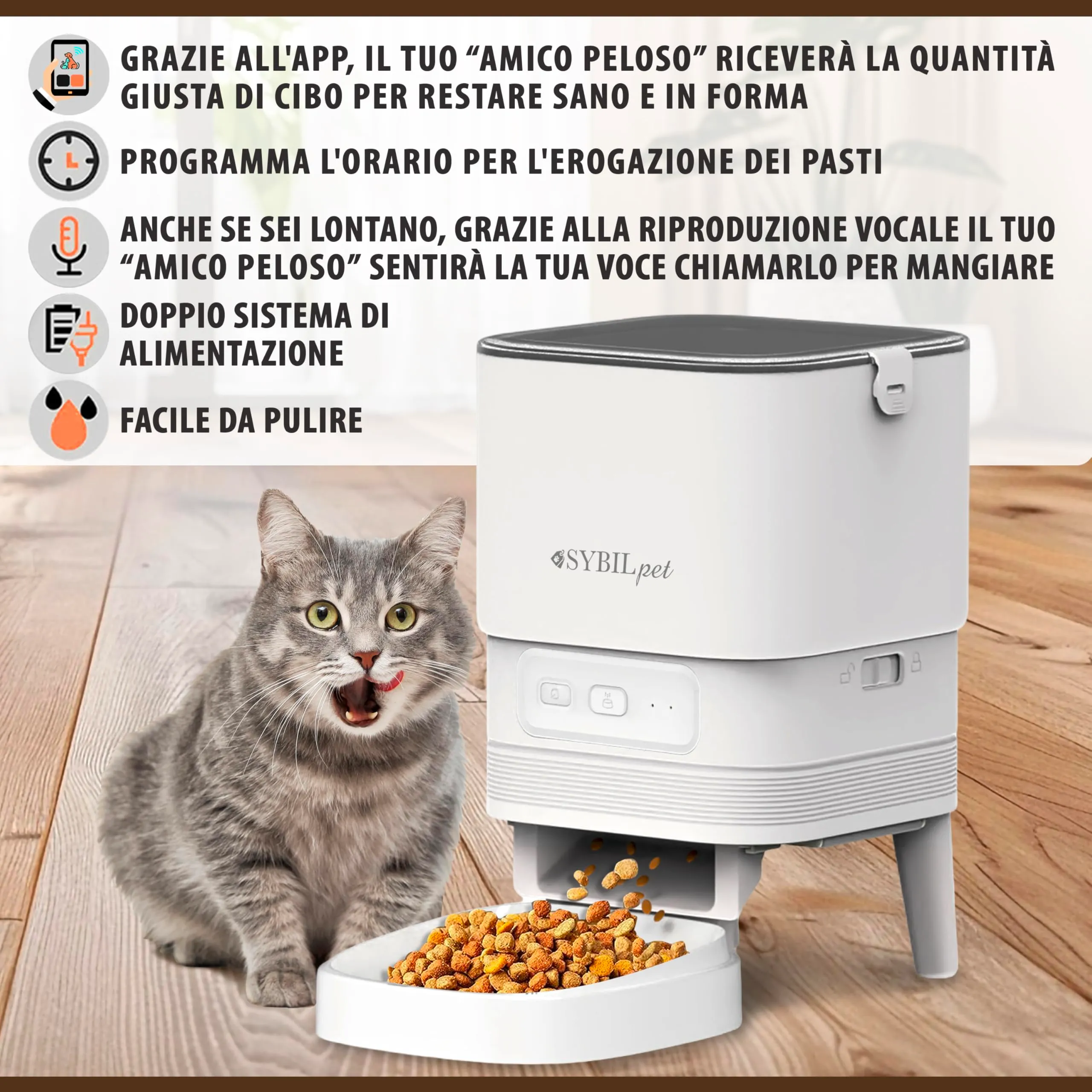 SYBILPET Distributore Automatico Cibo per Gatti e Cani, Dispenser Crocchette con App e Messaggio Vocale, Erogatore Silenzioso Antiblocco 4L - immagine 2